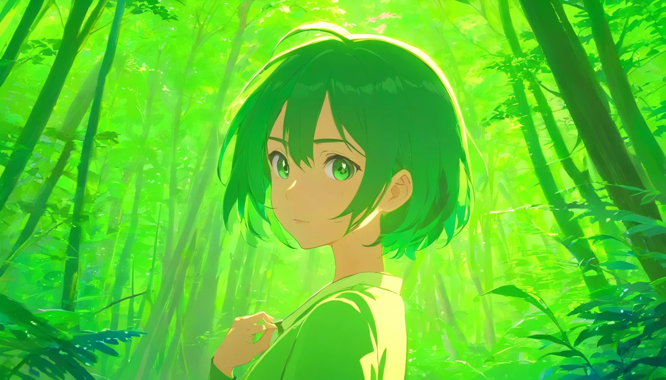 Garota bonita ,cabelos verdes ,olhos verdes,pele parda,floresta mistica ,olhar confiante,anime,cabelos longos