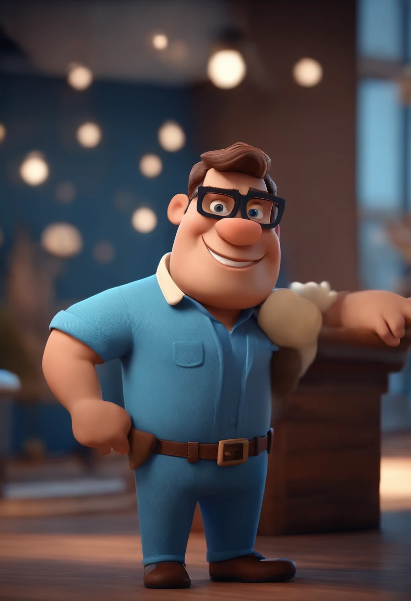 Cartoon character of a man wearing black glasses and a blue shirt, um personagem animado, Caractere estilizado, animation style rendering, 3D estilizado, Arnold Maya render, 3 d render stylized, toon render keyshot, Personagem 3D, Personagem 3D, 3d rendering stylized, 3 d character render, personagem de desenho animado, Personagem de close up, Pose de personagem, (Estilo Pixar) (master part:1.2) (Bokeh) (best quality) (pele detalhada) (textura detalhada) (8k) (argila) (Cinematic lighting) (foco nítido,Senta e vaza a parte superior do corpo