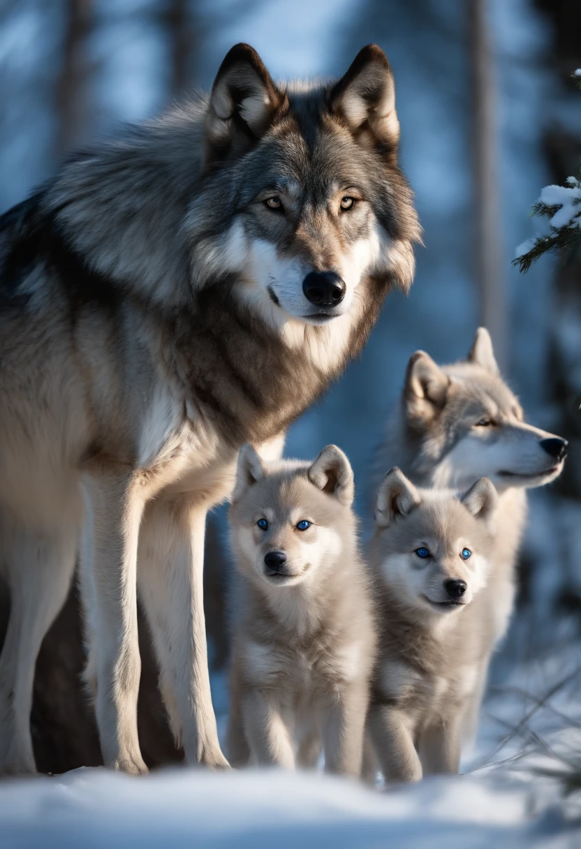 Create a spectacular Disney-style cartoon image of a family of gray-coated alpha wolves with white and a bright blue aura around them, as if they had super powers. This image must present a cinematic style with maximum quality and advanced levels of detail. Wolves must be portrayed in a natural environment, surrounded by a wild landscape, with leafy nature and a clear blue sky, sunlight must fall on the scene. The father and mother should be prominent in the center of the image, displaying majesty and confidence in their piercing blue eyes. The four puppies should be playing and exploring around their parents, showing innocence and excitement. They must have eyes in blue, brown and green, representing the genetic heterogeneity of the family. The wolves' fur must be portrayed with great detail, highlighting its texture and movement. The gray and white hairs should display a slight gradient, creating visual depth. The bright blue aura around the family should emanate light and represent their leadership position. Make sure every element of the image is masterfully created, highlighting the wild beauty and unbreakable bond of this alpha family. Remember to use artificial intelligence to obtain maximum quality and advanced levels of detail, ensuring an incredible and immersive image.