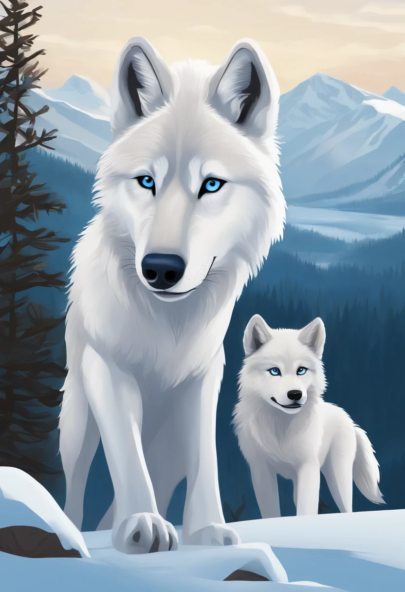 Create a spectacular Disney-style cartoon image of a family of gray-coated alpha wolves with white and a bright blue aura around them, as if they had super powers. This image must present a cinematic style with maximum quality and advanced levels of detail. Wolves must be portrayed in a natural environment, surrounded by a wild landscape, with leafy nature and a clear blue sky, sunlight must fall on the scene. The father and mother should be prominent in the center of the image, displaying majesty and confidence in their piercing blue eyes. The four puppies should be playing and exploring around their parents, showing innocence and excitement. They must have eyes in blue, brown and green, representing the genetic heterogeneity of the family. The wolves' fur must be portrayed with great detail, highlighting its texture and movement. The gray and white hairs should display a slight gradient, creating visual depth. The bright blue aura around the family should emanate light and represent their leadership position. Make sure every element of the image is masterfully created, highlighting the wild beauty and unbreakable bond of this alpha family. Remember to use artificial intelligence to obtain maximum quality and advanced levels of detail, ensuring an incredible and immersive image.