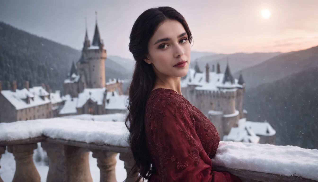 under a moon, young noble woman with black hair and brown eyes stands on a snowy castle balcony overlooking a snow covered landscape, night, wearing crimson gown, midnight, eerie, snow storm, gothic, cinematic, cinematic scene from film, 8k