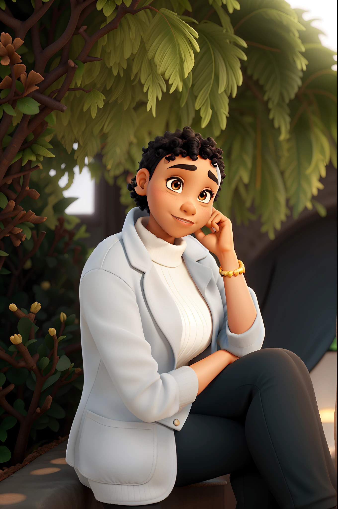 black woman with short curly hair, light black skin, slanted dark eyes, medium nose, Pixar Disney style, high quality, high resolution