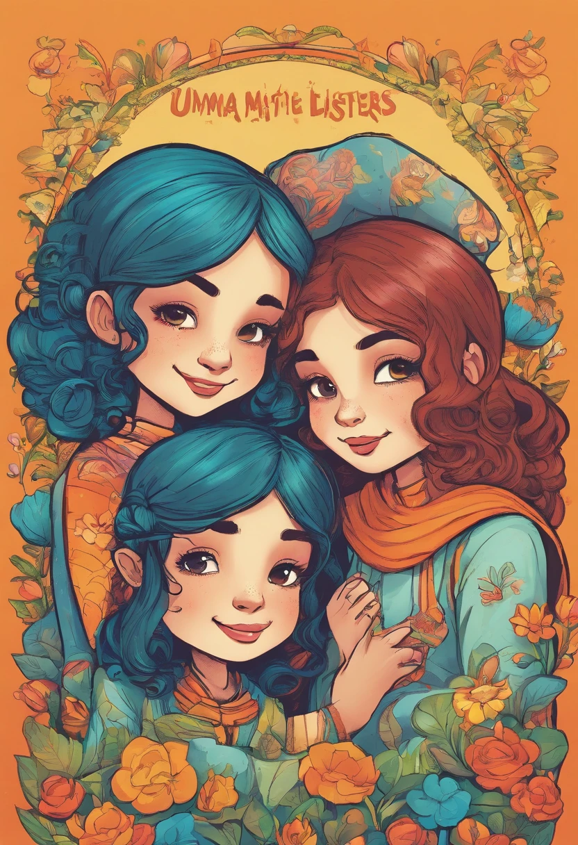 Three sisters , Hugging and smiling, uma mais velha , uma mais nova e a do meio. Em forma de desenho colorido