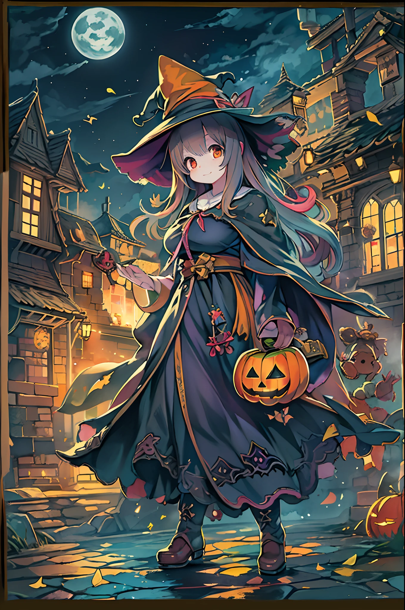masutepiece, Best Quality, Charming Halloween 8 witch, Random coloring,2D, planar vector, T-shirt design, Colorful splashes, Fantasy Art, Watercolor effect,Digital Painting, white bg, 8K、night cityscape,bbw,Anime style