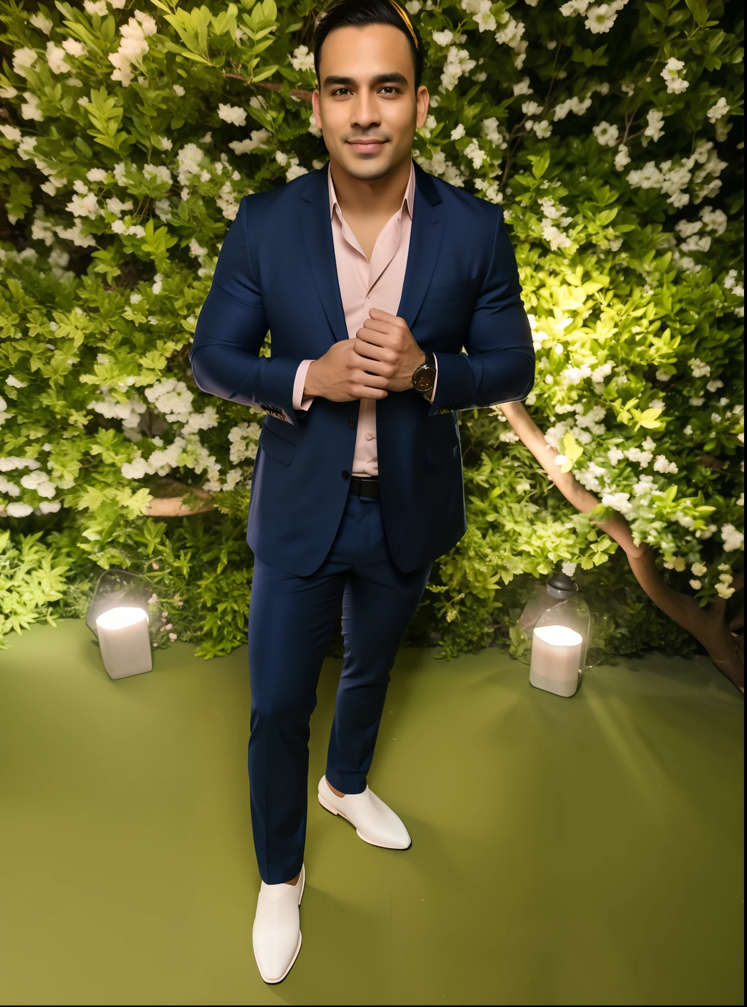 Homem de terno e sapatos brancos em frente a uma parede de plantas, full body photogenic shot, imagem de perfil, photo taken at night, taken in the night, 🤬 🤮 💕 🎀, em pleno crescimento, fotografia de corpo inteiro, vestindo terno azul escuro, taken in the early 2020s, Eloy Morales, de terno