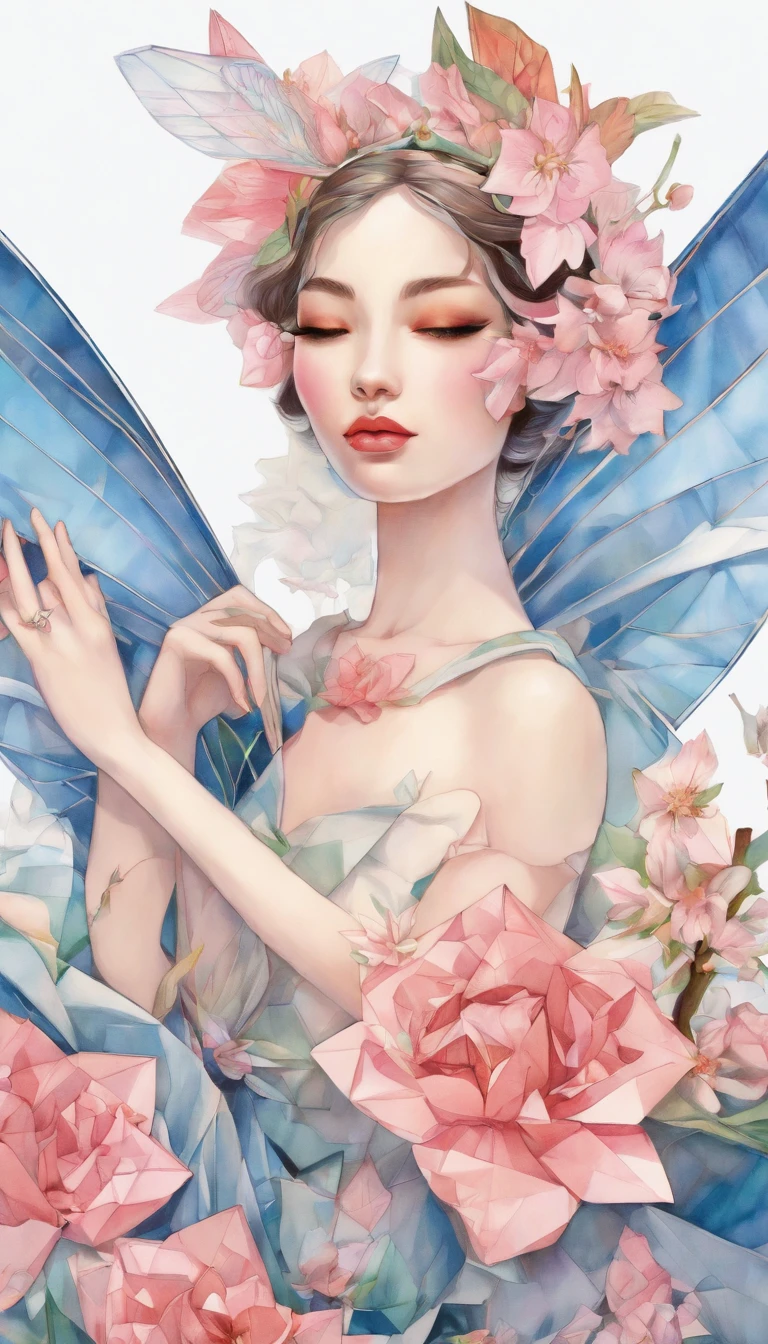 Front picture of a fairy holding a rose in her hand,Transparent and light wings like butterfly wings,Camellia oleifera skin,A classic garden in the ballot style,Aerial view,concept-art,skyporn,Flower Fairy Research, fairy aesthetics, space flower fairy, faeries, portrait of fairy, portrait of fairy, smiling as a queen of fairies, fairy queen, beautiful fairie, the non-binary deity of spring, fairy queen, elf girl wearing an flower suit, fairylike,peach blossom, cherry blossom, an orchid flower, Hyacinth, clubs, Masterpiece Blue Rose