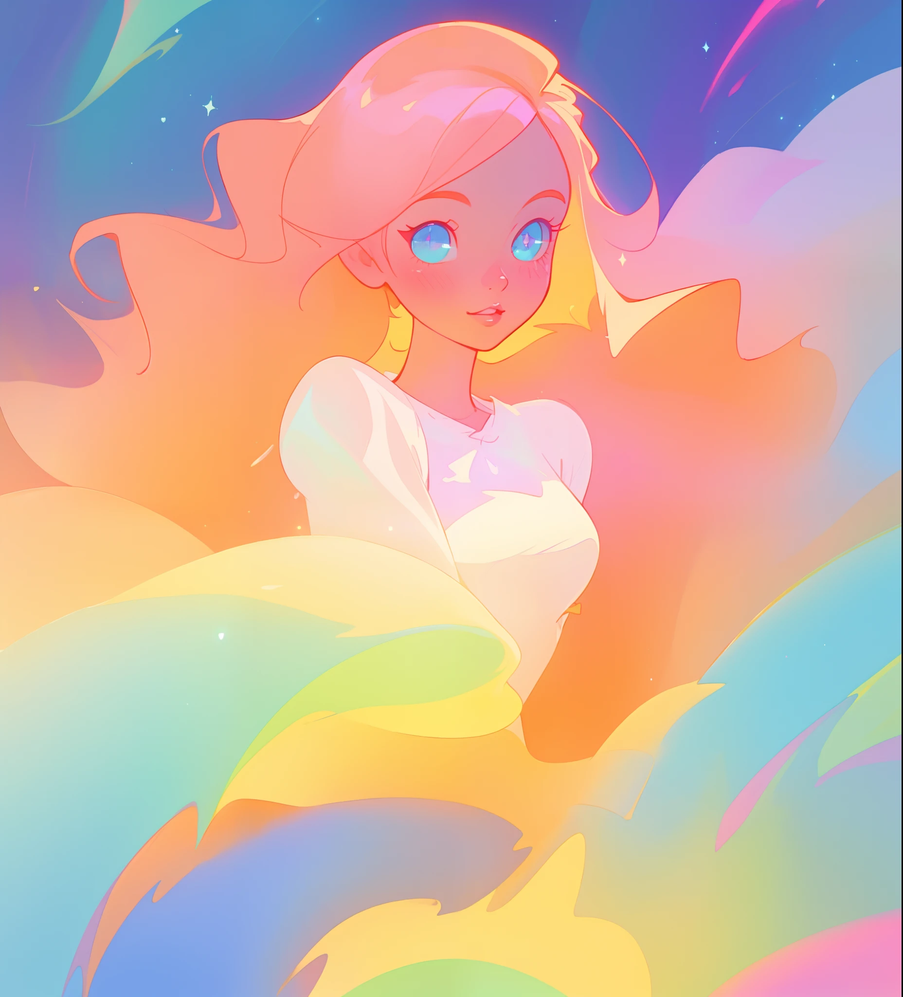 beautiful girl in flowing white dress, vibrant pastel colors, (colorful), magical lights, long flowing colorful peach hair, inspired by Glen Keane, inspired by Lois van Baarle, disney art style, by Lois van Baarle, glowing aura around her, by Glen Keane, jen bartel, glowing lights! digital painting, flowing glowing hair, glowing flowing hair, beautiful digital illustration, fantasia background, whimsical, magical, fantasy, beautiful face, ((masterpiece, best quality)), intricate details, highly detailed, sharp focus, 8k resolution, sparkling detailed eyes, liquid watercolor