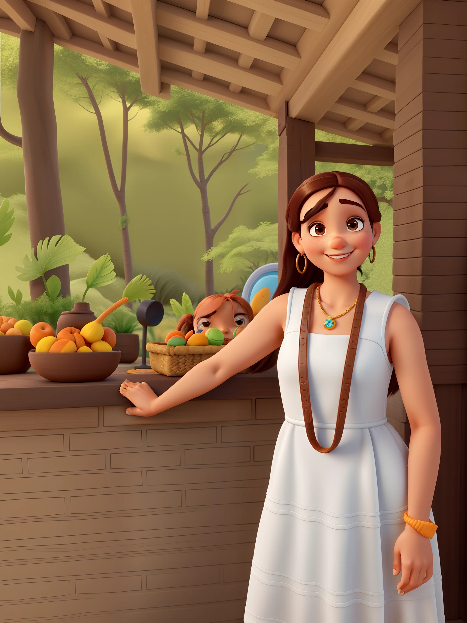 uma mulher morena com pequenos olhos castanhos, cabelo castanho escuro liso, sorrindo muito feliz, Wearing a white strap-on dress, with small non-vulgar, Estilo Disney Pixar, alta qualidade, best quality