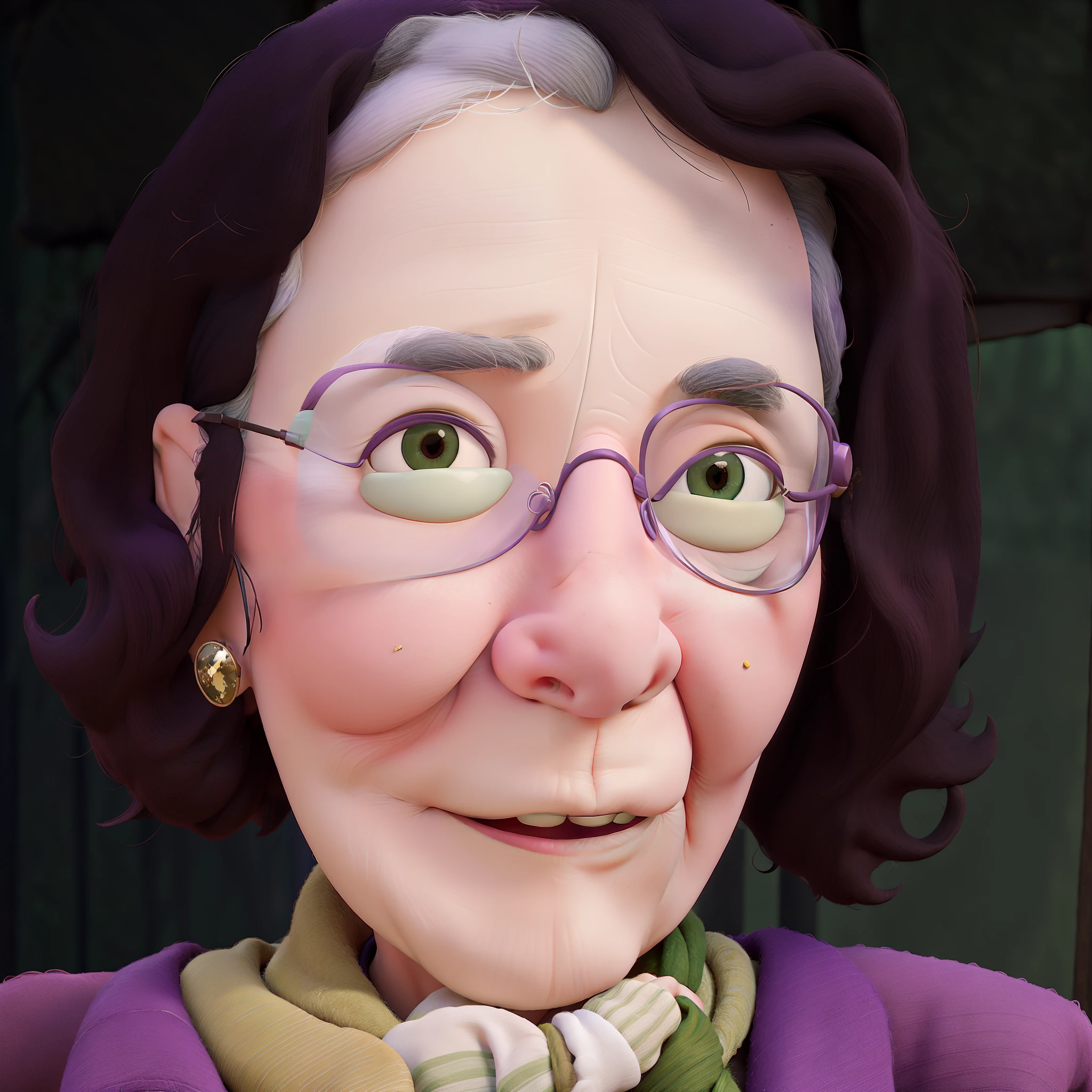 masterpiece, best quality, an old woman with glasses and a scarf on, wearing a purple coat and green scarf, standing at the park