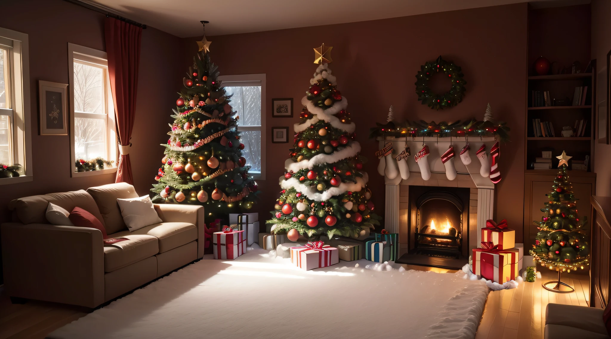 best qualtiy,16K,8K,True exposure,Ray traching,Excellent image quality,Christmas,Christmas atmosphere,Real Christmas tree,Lights on the trees,pompon,Bell,Luminous colored light bar,inside in room,Chilling,santa hat,Christmas decorations are hung on the wall,snowflower