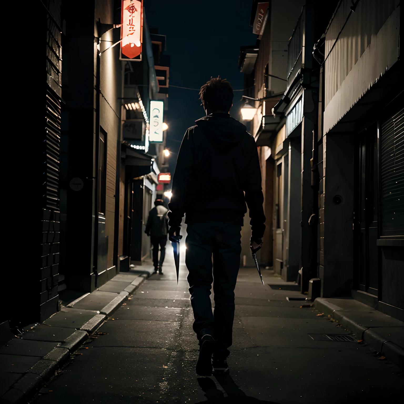 A guy walking towards the camera with two knives to his sides at night in a anime art style