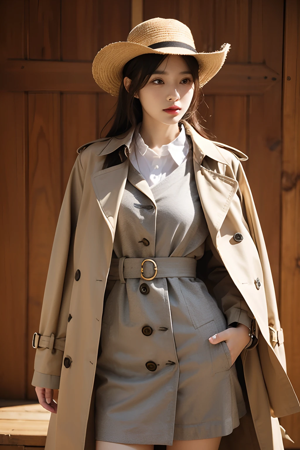 A trench coat with a sense of design，Metal buttons，Woolen horse face skirt