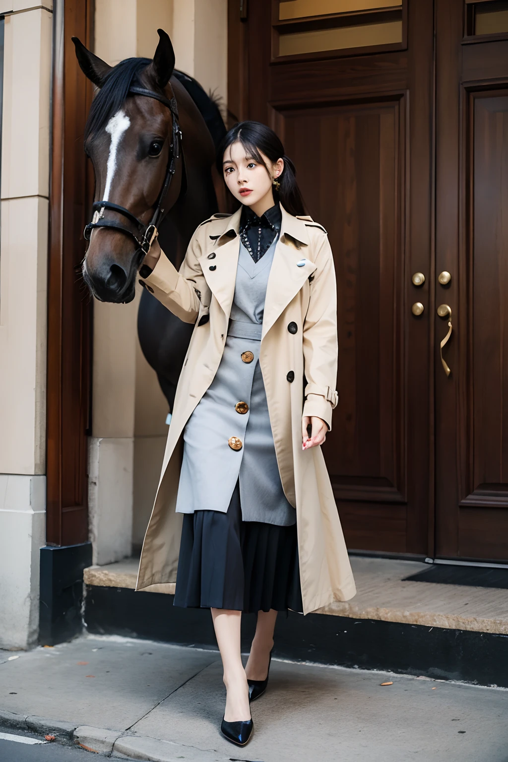 A trench coat with a sense of design，Metal buttons，Woolen horse face skirt