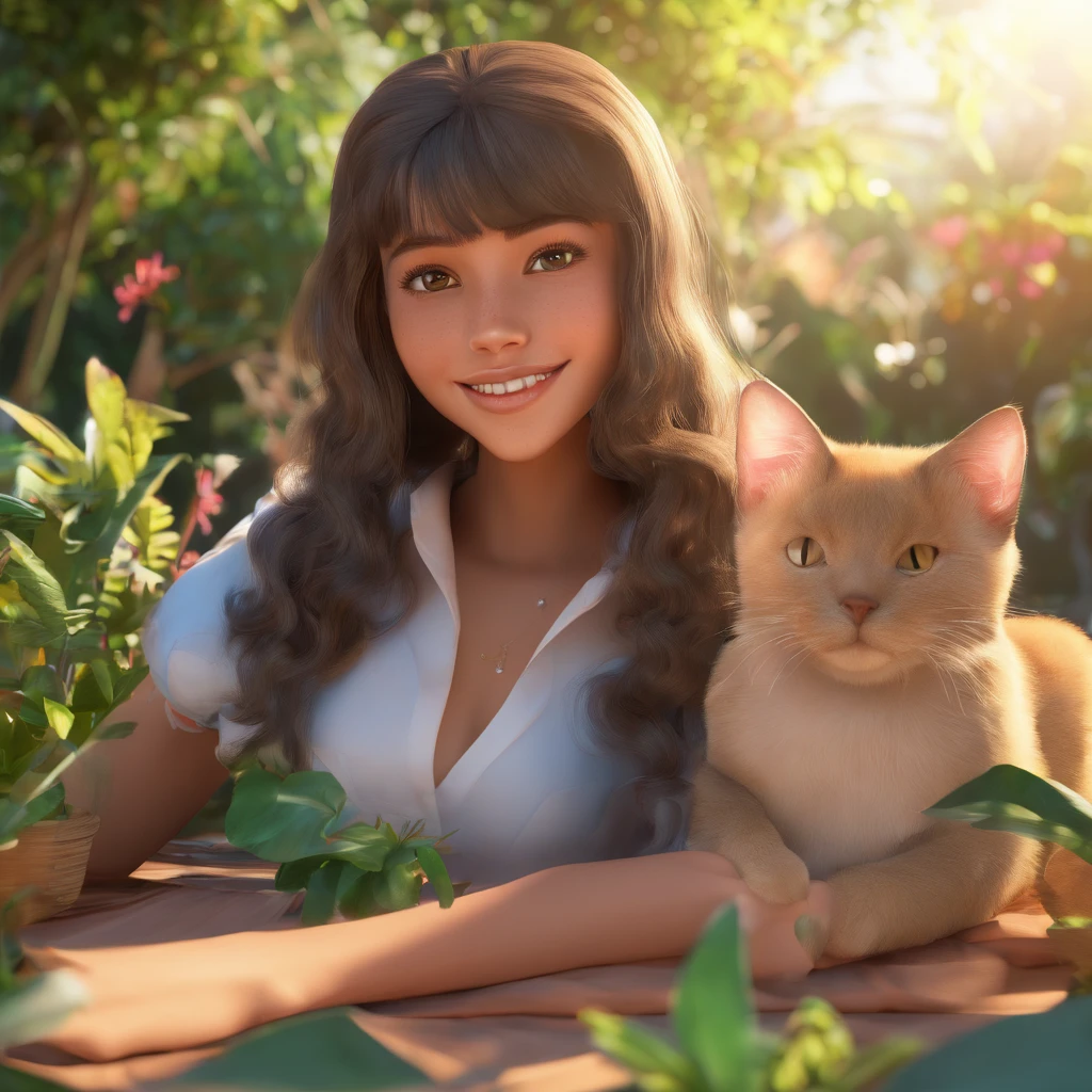 Eliane is a 15-year-old Brazilian human girl with light brown skin, she has long wavy hair and bangs, she is smiling, her hair and eyes are brown, she is with her faithful friend Mago, a black cat and Bruxo, a white cat, lying down in the garden