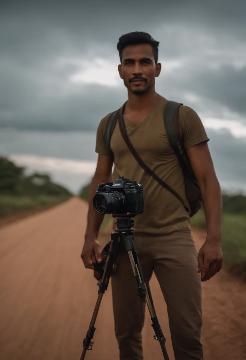 Amazonian man holding a camera on a dirt road, 8k dop, Cinematic Still Shot, Retrato tirado 8 K, cinematic full body shot, 8K 28mm Cinematic Photo, cinematografia premiada, Tiro em Arri Alexa, cinematic action shot, Film shooting, red camera, profissional 8K, holding it out to the camera, Filmed on red camera