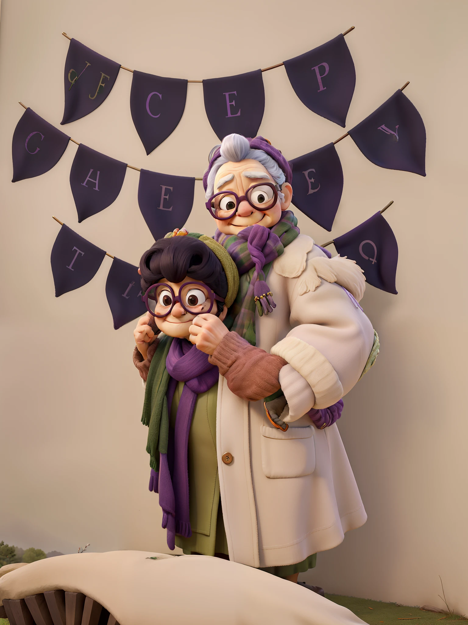 masterpiece, best quality, an old woman with glasses and a scarf on, wearing a purple coat and green scarf, standing at the park
