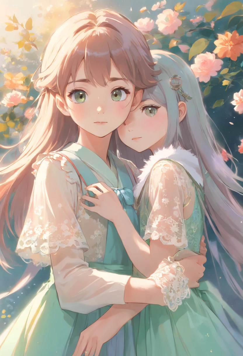 Two young and cute Japan women facing each other、Holding hands with their foreheads pressed together。The child on the right is only slightly smaller Wearing a fluffy and elegant dress The girl on the left is wearing a light pink dress The girl on the right is wearing a light green dress It comes with a floral ribbon headdress.、Soft and delicate illustrations in pastel colors、Stunning young ethereal figure, portrait of the magical girl, portrait of a young witch girl, Musician girl in lace clothes, Natalia Dyer, Daphnekeen, portrait of a young witch, little girl with magical powers, Inspired by Irakli Nadar, Inspired by William Muster Lockhart, of the highest quality, detail, detail, masutepiece, High image quality