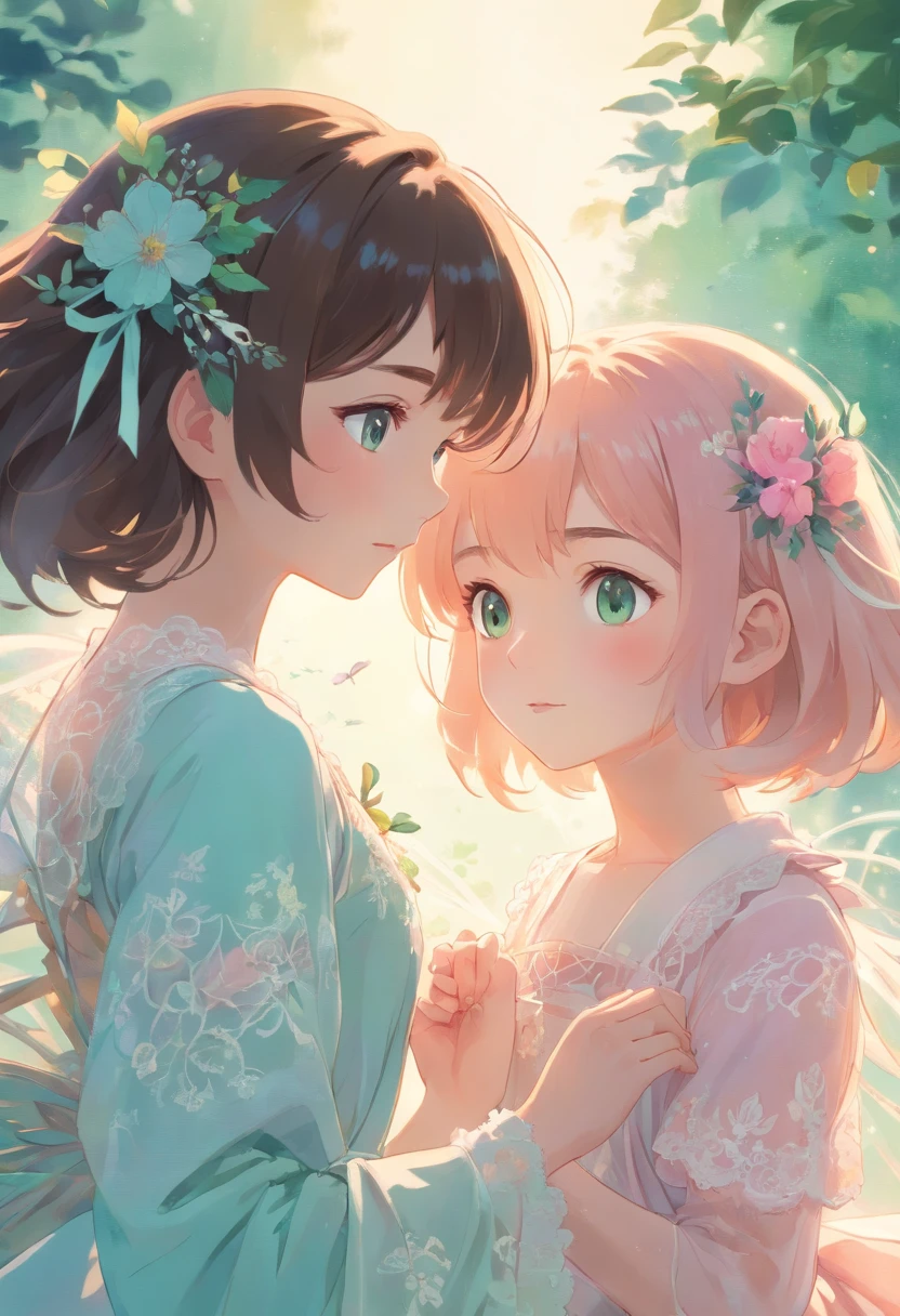 Two young and cute Japan women facing each other、Holding hands with their foreheads pressed together。The child on the right is only slightly smaller　Wearing a fluffy and elegant dress　　The girl on the left is wearing a light pink dress　The girl on the right is wearing a light green dress　It comes with a floral ribbon headdress.、Soft and delicate illustrations in pastel colors、Stunning young ethereal figure, portrait of the magical girl, portrait of a young witch girl, Musician girl in lace clothes, Natalia Dyer, Daphnekeen, portrait of a young witch, little girl with magical powers, Inspired by Irakli Nadar, Inspired by William Muster Lockhart, of the highest quality, detail, detail, masutepiece, High image quality