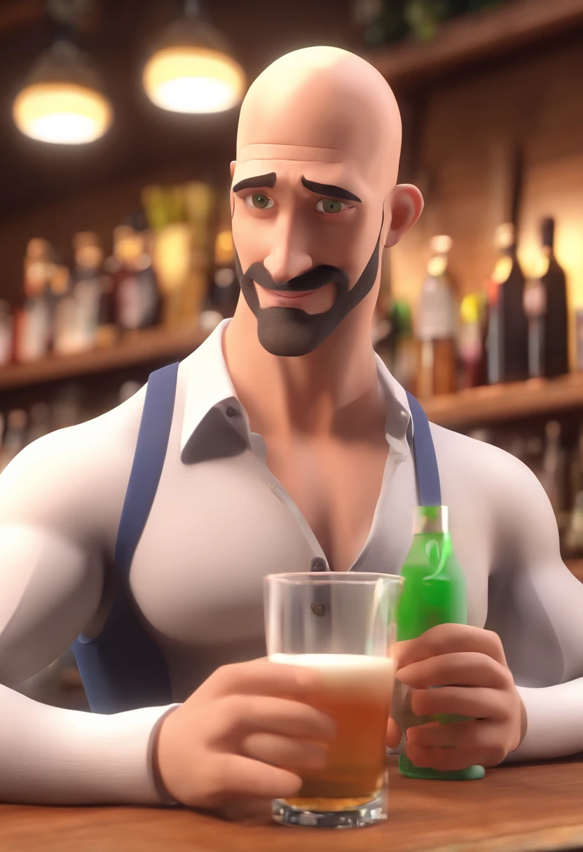 Estilo Pixar: Green Eyes White Muscular Athletic Man Without Hair 40 Years Old With Short Beard On Chin , preparando um drink dentro de um bar