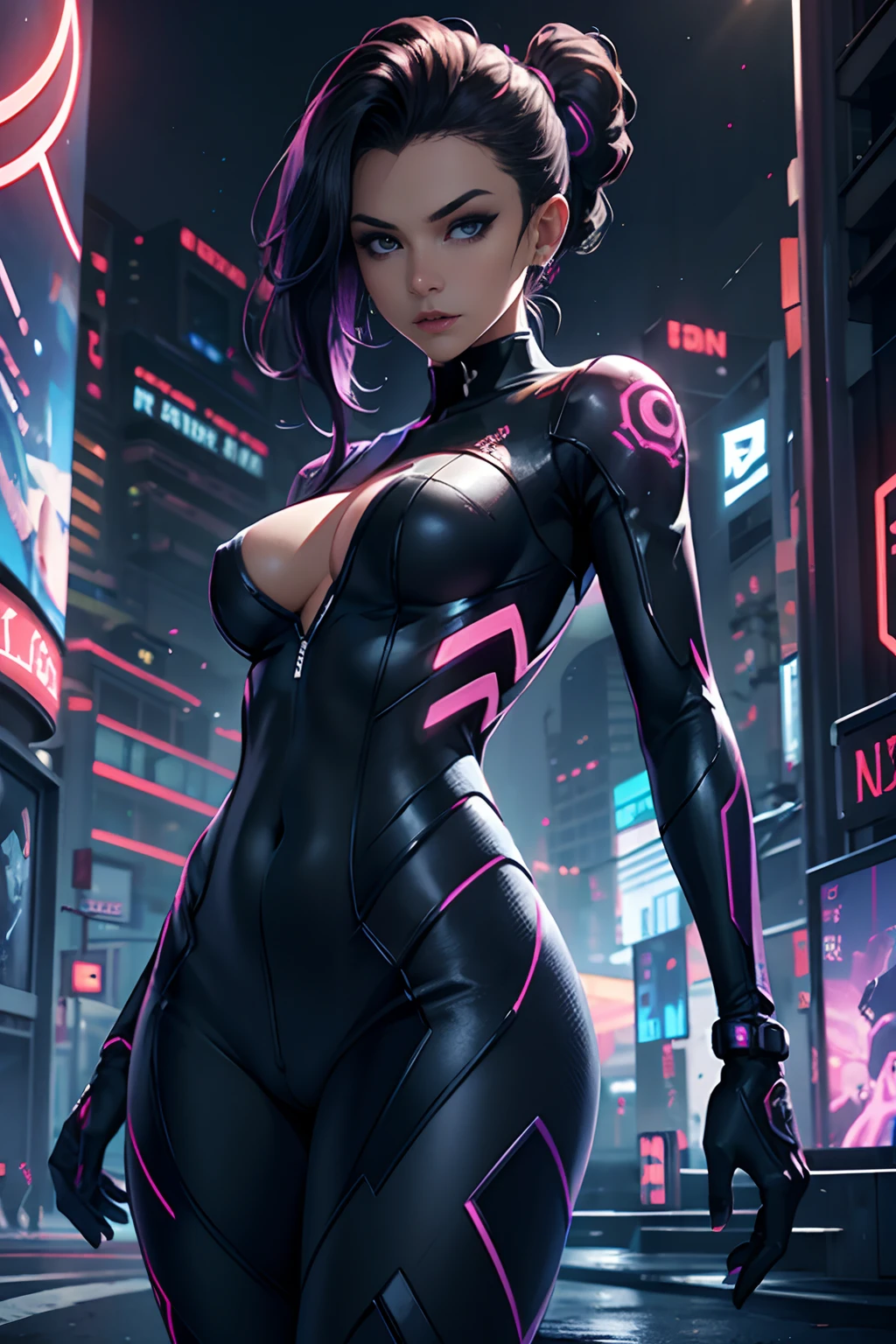 Capture the essence of Sovia, a fierce and futuristic character born from the fusion of Sombra and Samus. Show her in a full-length portrait standing in an alien city, donning a cutting-edge cyber hacker suit that seamlessly blends with her high-tech power suit. Emphasize realistic and detailed elements in the portrait to bring out the intricate design and her confident aura.