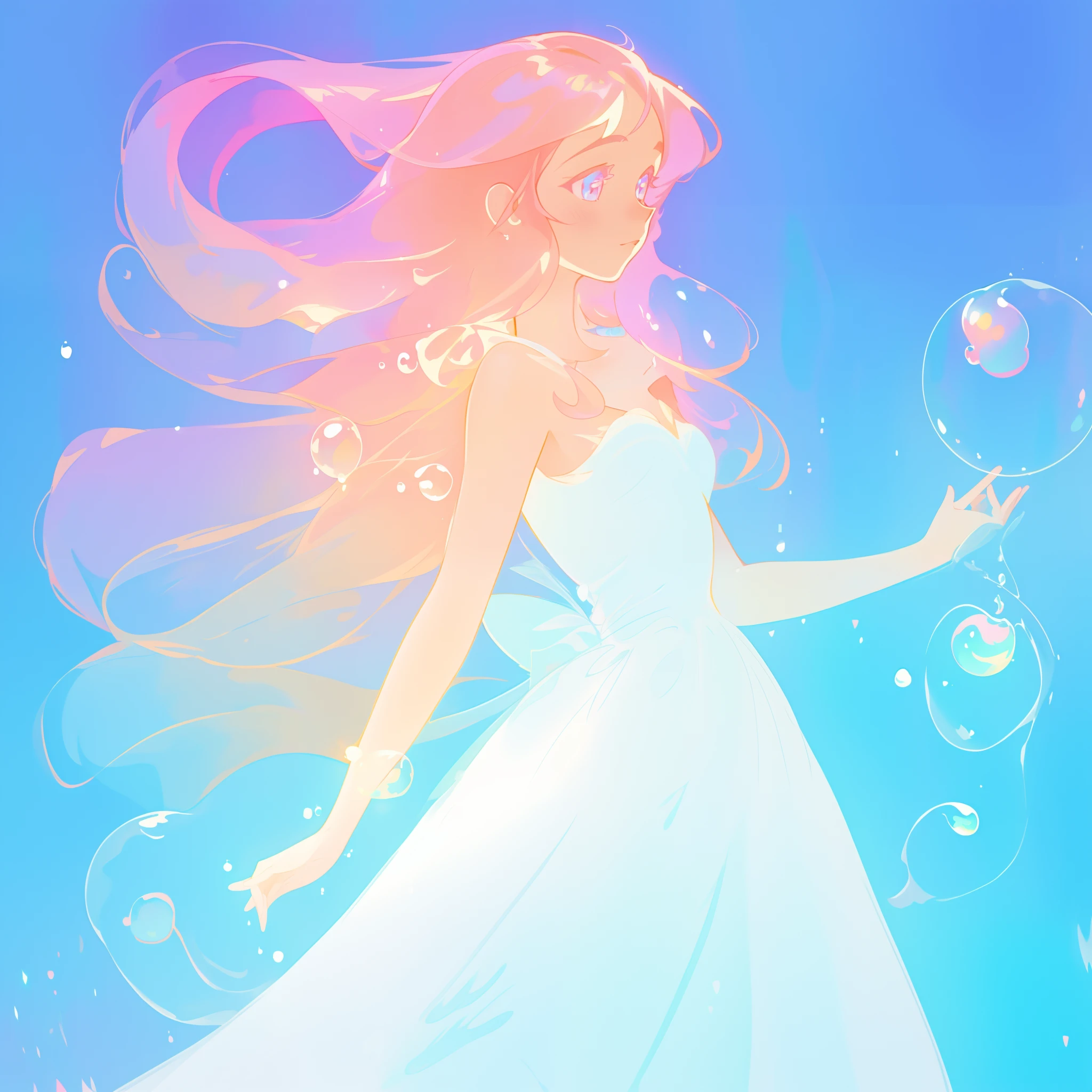 beautiful anime girl in flowing white ballgown dress, vibrant pastel colors, flowing long pink peach hair, beautiful white layered ballgown, (colorful), magical lights, sparkling lines of light, inspired by Glen Keane, inspired by Lois van Baarle, disney art style, by Lois van Baarle, glowing aura around her, by Glen Keane, jen bartel, glowing lights! digital painting, flowing glowing hair, glowing flowing hair, beautiful digital illustration, fantasia background, whimsical, magical, fantasy, beautiful face, ((masterpiece, best quality)), intricate details, highly detailed, sharp focus, 8k resolution, sparkling detailed eyes, liquid watercolor, (((bubbles)))