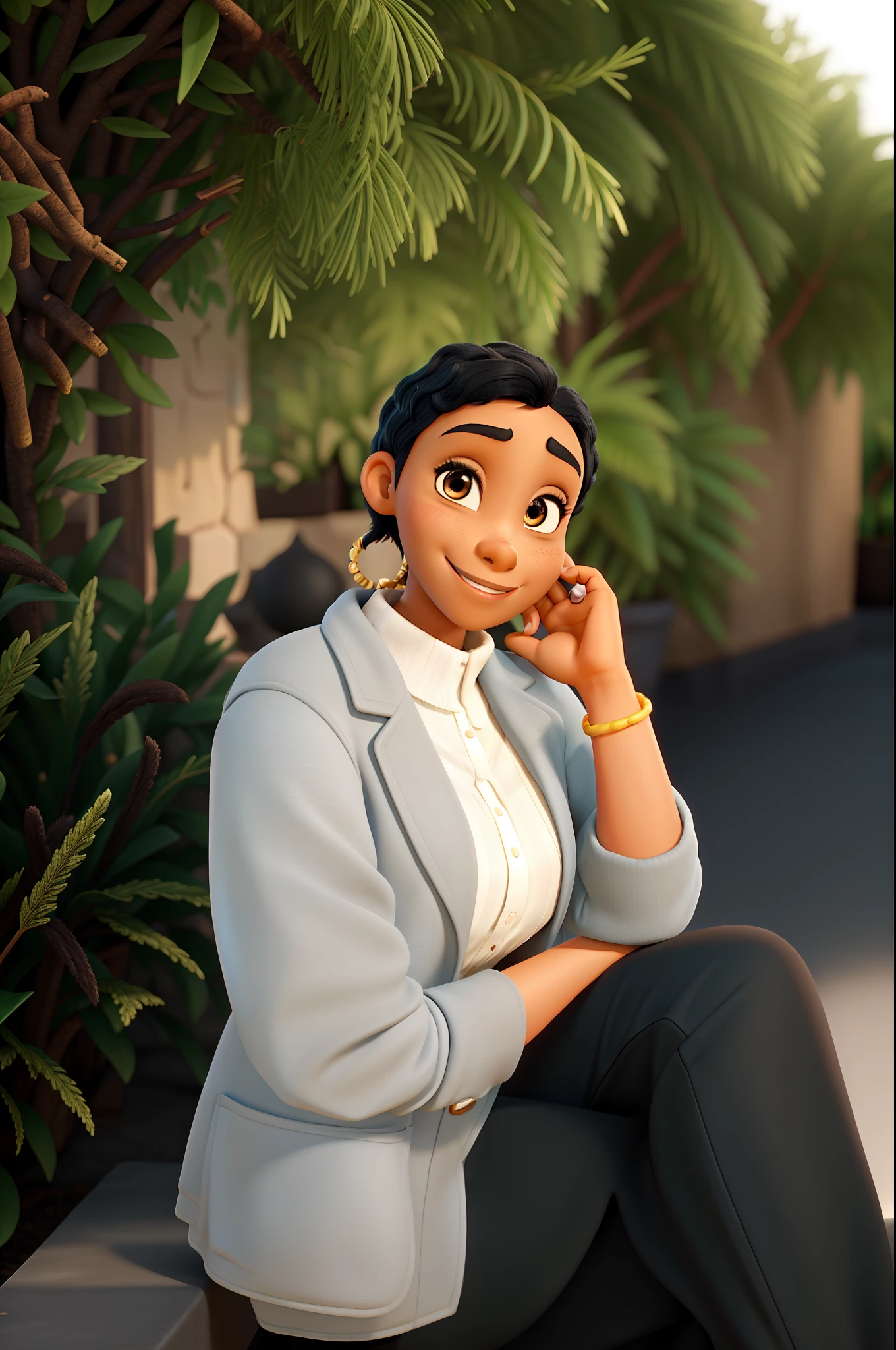 black woman with short hair, light black skin, wide smile, slanted dark eyes, medium nose, Pixar Disney style, high quality, high resolution