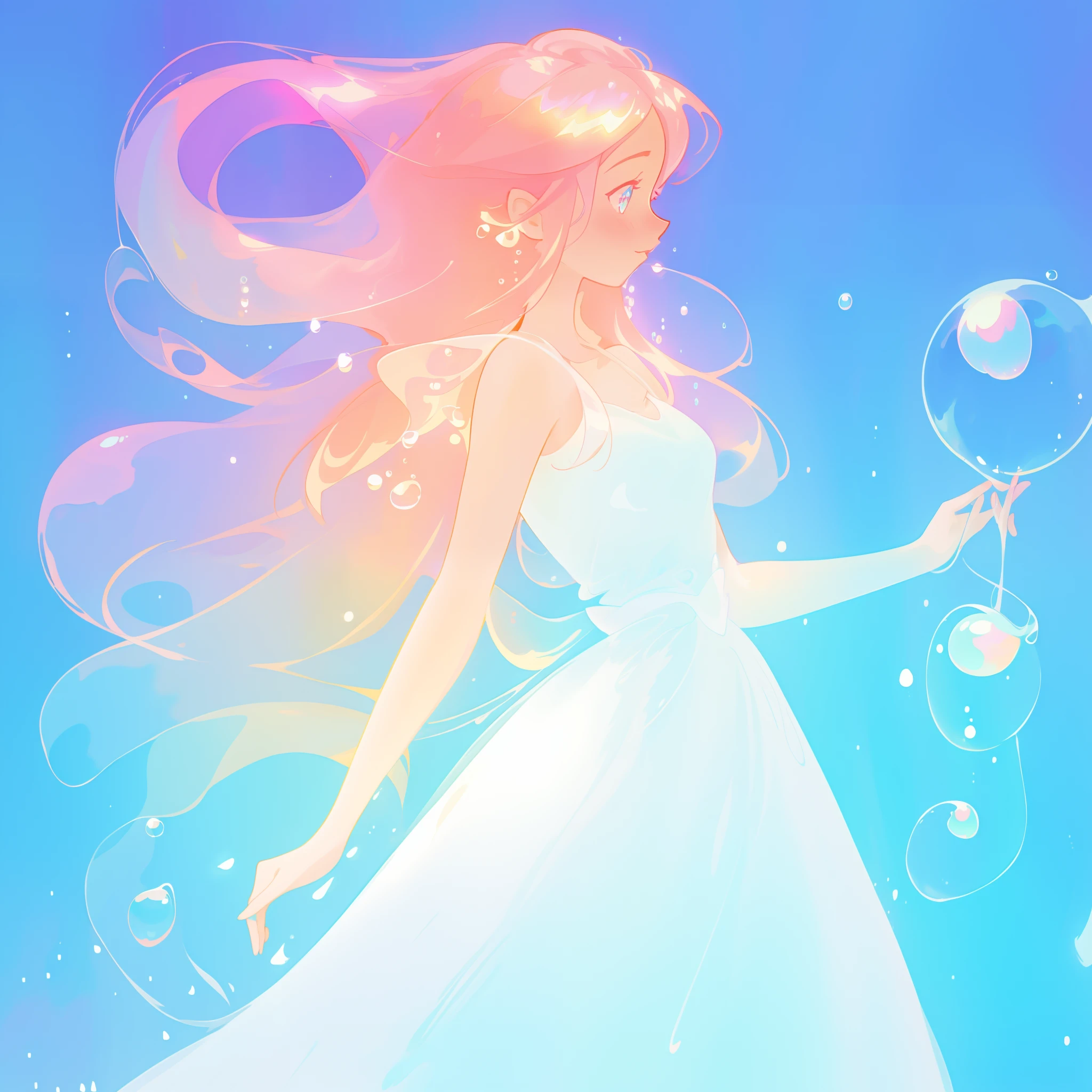 beautiful anime girl in flowing white ballgown dress, vibrant pastel colors, flowing long pink peach hair, beautiful white layered ballgown, (colorful), magical lights, sparkling lines of light, inspired by Glen Keane, inspired by Lois van Baarle, disney art style, by Lois van Baarle, glowing aura around her, by Glen Keane, jen bartel, glowing lights! digital painting, flowing glowing hair, glowing flowing hair, beautiful digital illustration, fantasia background, whimsical, magical, fantasy, beautiful face, ((masterpiece, best quality)), intricate details, highly detailed, sharp focus, 8k resolution, sparkling detailed eyes, liquid watercolor, (((bubbles)))