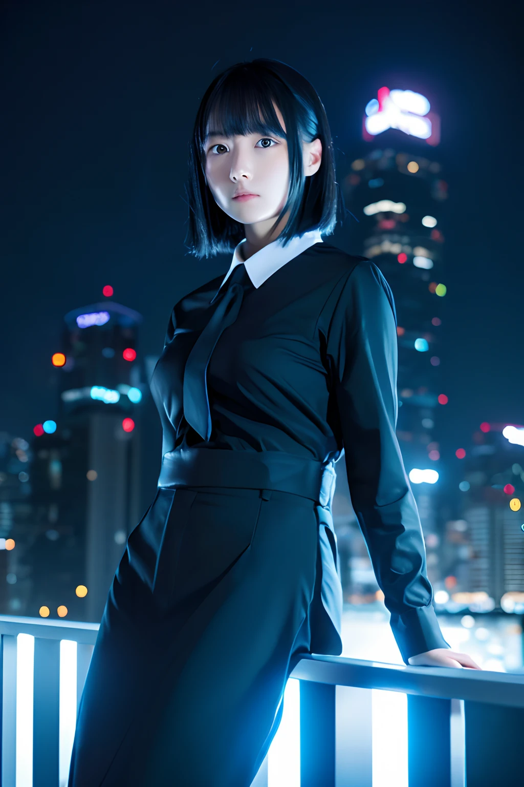 (1girl in),Japan at 25 years old,Medium head of black hair, Black tie,White shirt with long sleeves,Black pants, Dark in a cyber space lit up in blue,Complex structures in the background、Full Body Photo Standing、Amazing face and eyes, ((Best Quality)), (Ultra-detailed), (extremely detailed CG unified 8k wallpaper), Highly detailed, High-definition raw color photos, Professional Photography,