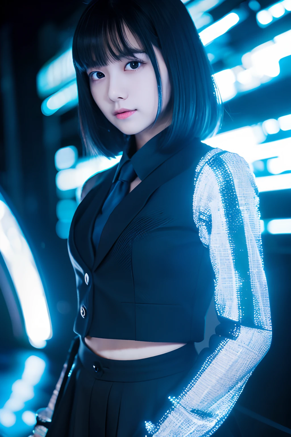 (1girl in),Japan at 25 years old,Medium head of black hair, Black tie,White shirt with long sleeves,Black pants, Dark in a cyber space lit up in blue,Complex structures in the background、Full Body Photo Standing、Amazing face and eyes, ((Best Quality)), (Ultra-detailed), (extremely detailed CG unified 8k wallpaper), Highly detailed, High-definition raw color photos, Professional Photography,