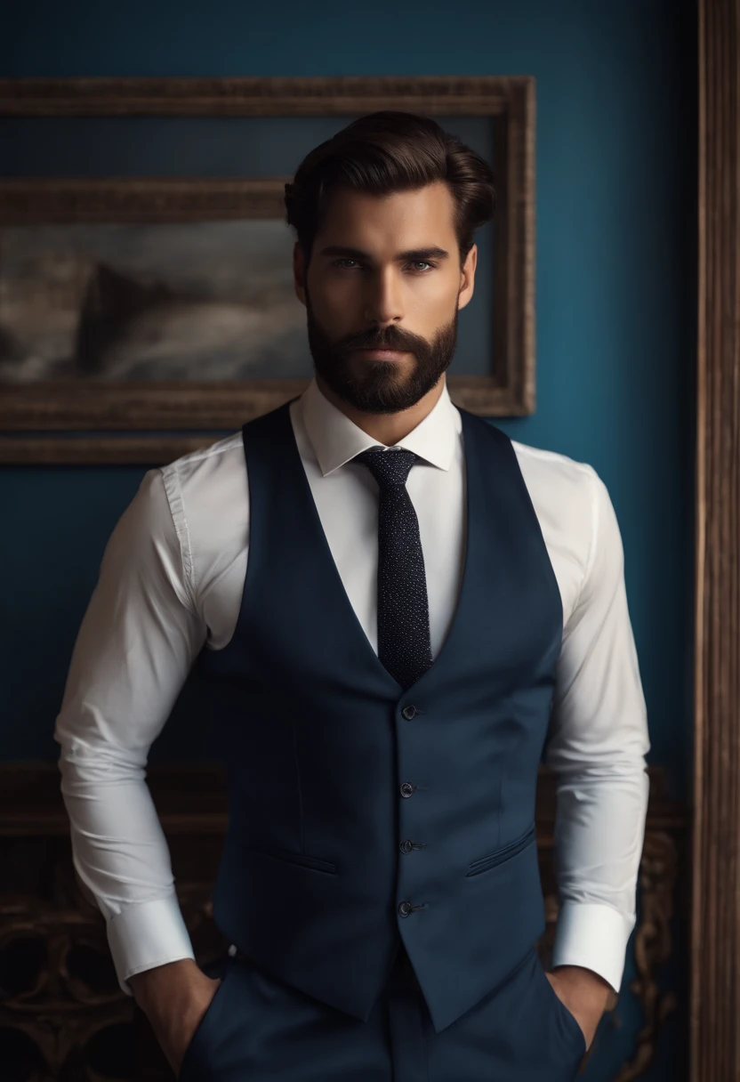 (Hombre con ropa elegante), ), (con una barba larga y llena,) (ojos azules) (retrato) Aspecto atractivo y serio, Brown Dark Hair, Elegante y elegante, y camiseta de cuerpo fuerte, (Imagen realista y de alta calidad), in the background Scandinavian apartment with designer furniture and blue wall color in the background, ((La mejor calidad, 8k, Pieza maestra).