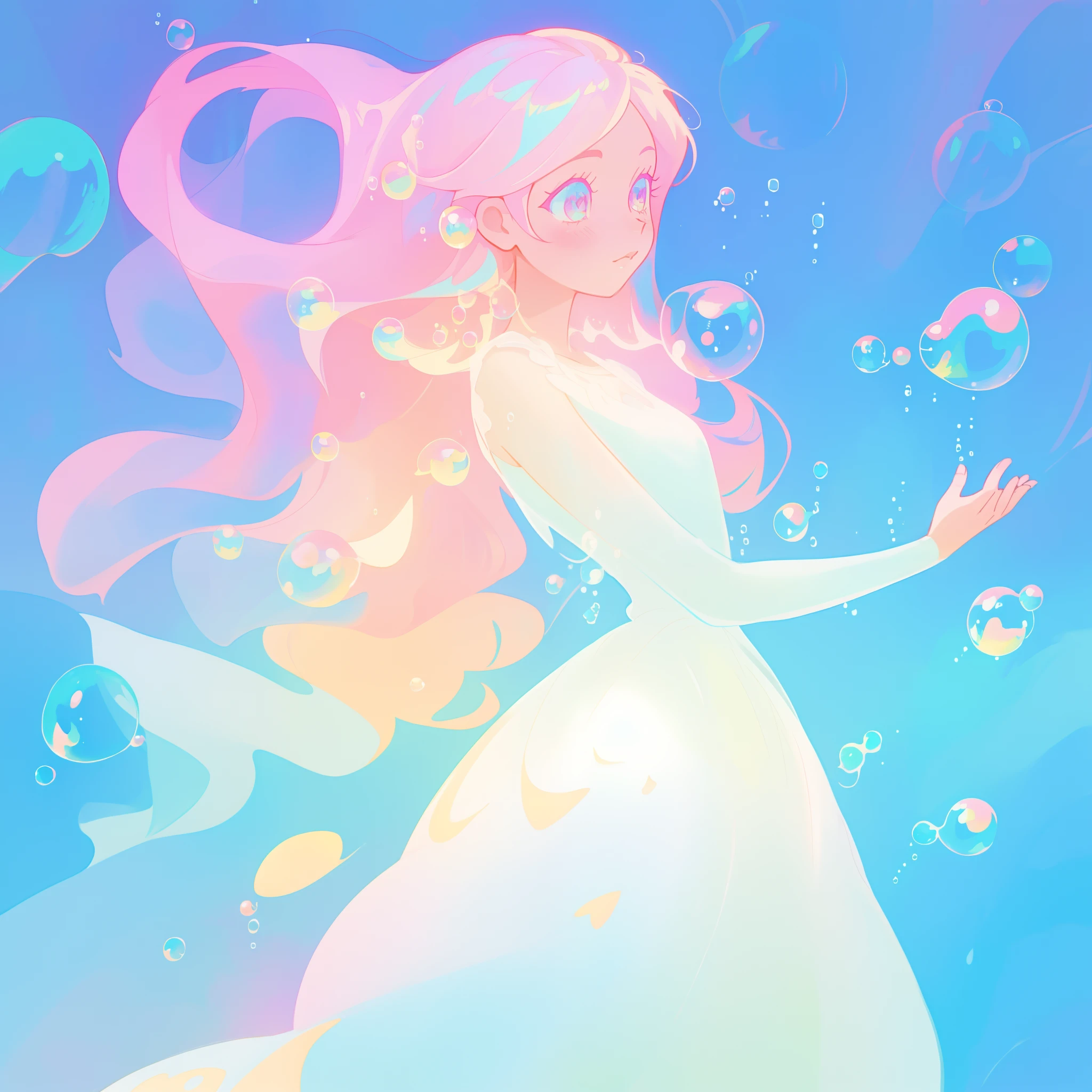 beautiful anime girl in flowing white ballgown, ((((bubbles)))), vibrant pastel colors, flowing long pink peach hair, beautiful white layered ballgown, (colorful), magical lights, sparkling lines of light, inspired by Glen Keane, inspired by Lois van Baarle, disney art style, by Lois van Baarle, glowing aura around her, by Glen Keane, jen bartel, glowing lights! digital painting, flowing glowing hair, glowing flowing hair, beautiful digital illustration, fantasia background, whimsical, magical, fantasy, beautiful face, ((masterpiece, best quality)), intricate details, highly detailed, sharp focus, 8k resolution, sparkling detailed eyes, liquid watercolor, (((bubbles)))