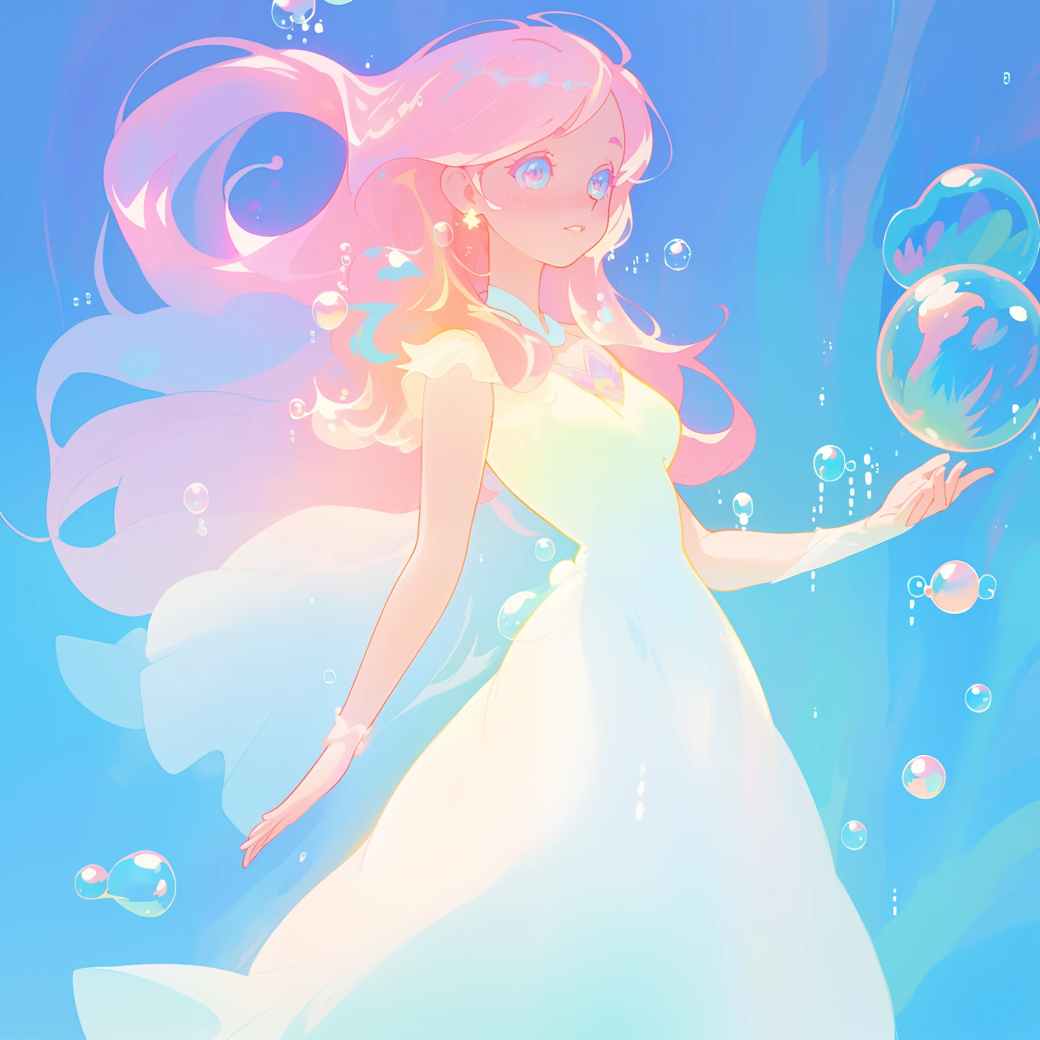 beautiful anime girl in flowing white ballgown, ((((bubbles)))), vibrant pastel colors, flowing long pink peach hair, beautiful white layered ballgown, (colorful), magical lights, sparkling lines of light, inspired by Glen Keane, inspired by Lois van Baarle, disney art style, by Lois van Baarle, glowing aura around her, by Glen Keane, jen bartel, glowing lights! digital painting, flowing glowing hair, glowing flowing hair, beautiful digital illustration, fantasia background, whimsical, magical, fantasy, beautiful face, ((masterpiece, best quality)), intricate details, highly detailed, sharp focus, 8k resolution, sparkling detailed eyes, liquid watercolor, (((bubbles)))