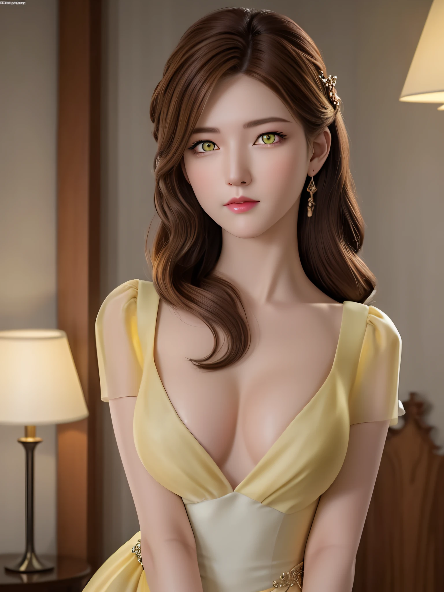 (hyperrealistic), (illustration), (high resolution), (8K), (extremely detailed), (best illustration), (beautiful detailed eyes), (best quality), (ultra-detailed), (masterpiece), (wallpaper), (photorealistic), (natural light), (rim lighting), (detailed face), (high detailed realistic skin texture), (anatomically correct), (solo), (1 girl), (high detailed realistic hair), (caramel hair:1.35), (heterochromic eyes), (detailed eyes), (light yellow eyes:1.37), (sparkling eyes), (realistic big breasts:1.5), (exposed nipples breasts:1.35), (long legs), (slender abs), (dynamic pose), (closed tiny mouth:1.3), nsfw, concentrated expression, topless.