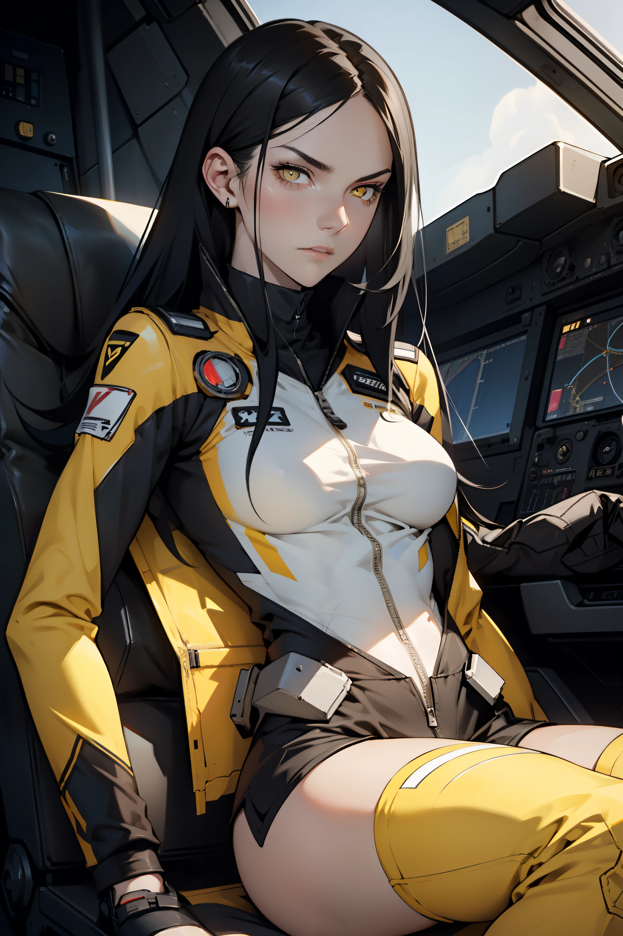 1 girl, black hair, yellow eyes, very long hair, pale skin, fit body, slender body, slim waist, large breasts, (confident expression), pilot suit, thigh gap, bare thighs, show bare legs, sitting in a cockpit