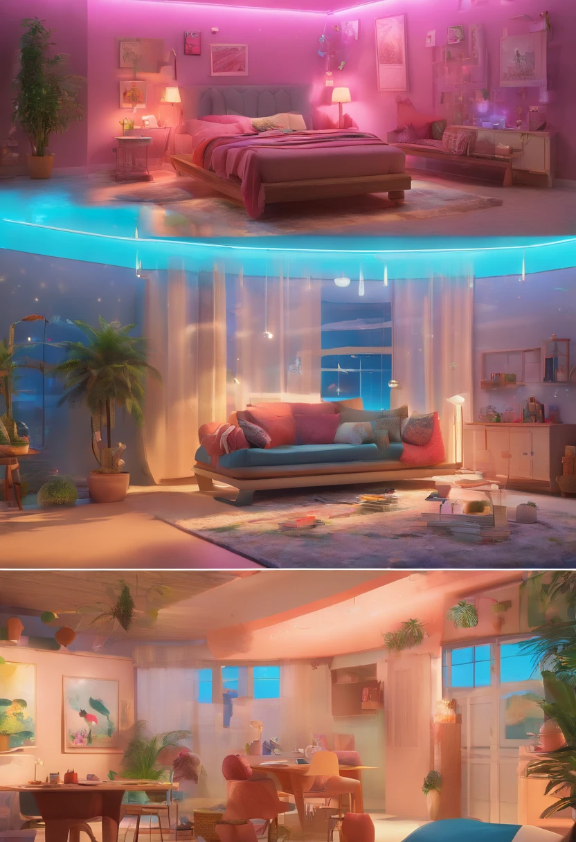 (3 meninas: 1.2), rosto alegre, cabelo rosa longo original, long eyeslashes, olhos bonitos com brilho, surrealismo, estereograma, (fotorrealista, realista: 1.2), atmosphric perspective, cinematic lighthing, ray tracing, 8k, super detalhe, melhor qualidade, obra-prima, bem detalhado, (Canon EOS R6, 135mm, 1/1250s, f/2.8, ISO 400:0.9), sala cyberpunk, noite interior, decote, barbante, regata branca, bumbum de bolha, bunda pequena redonda, curvar-se, dinamic pose, dynamic lighting, regata branca, chuva, pele molhada, calcinha