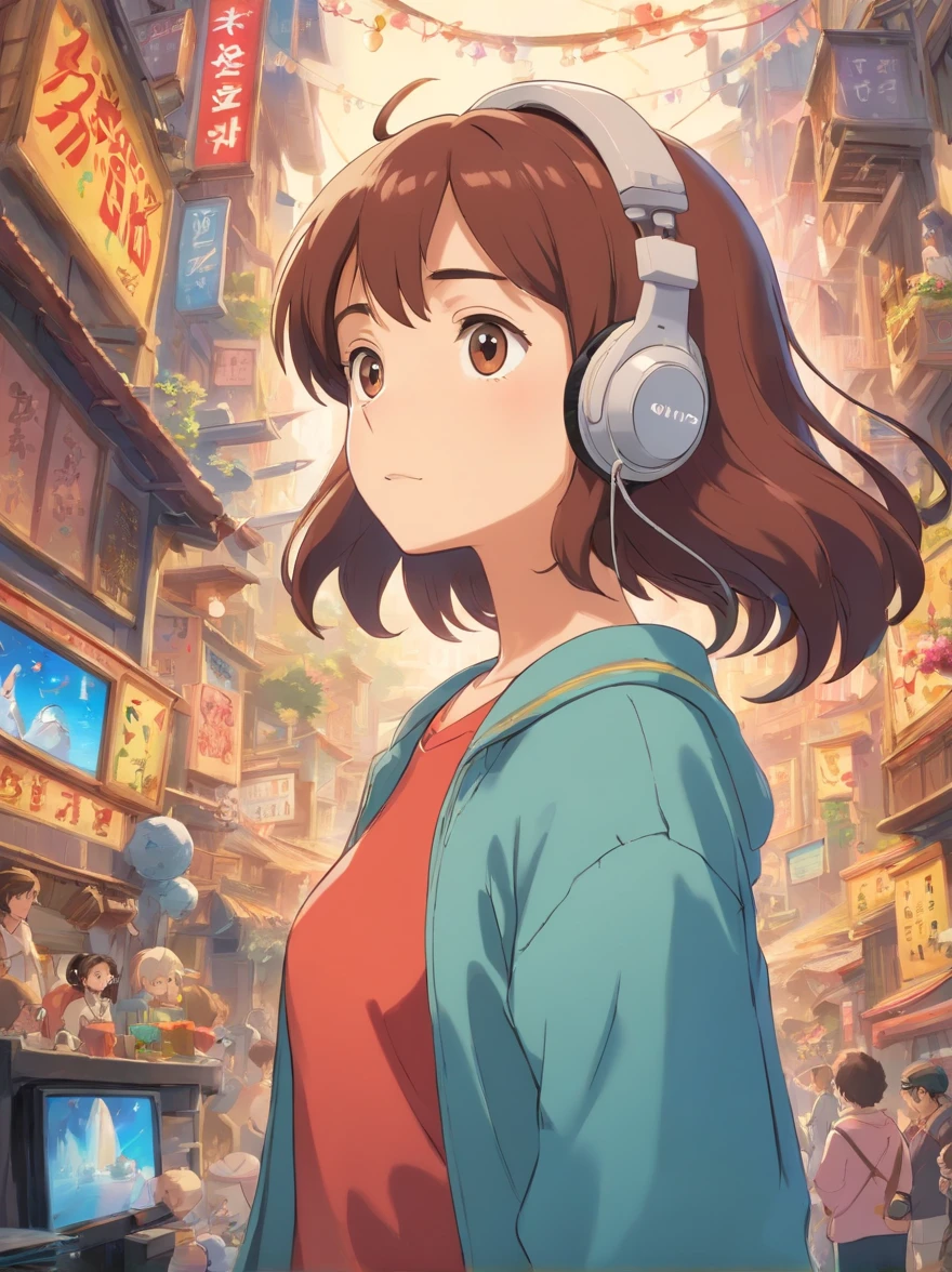 In the center of the picture is a shrewd girl，Listen through headphones, Surrounded by sporadic musical noises.  It is implied that she has some information that no one else knows.