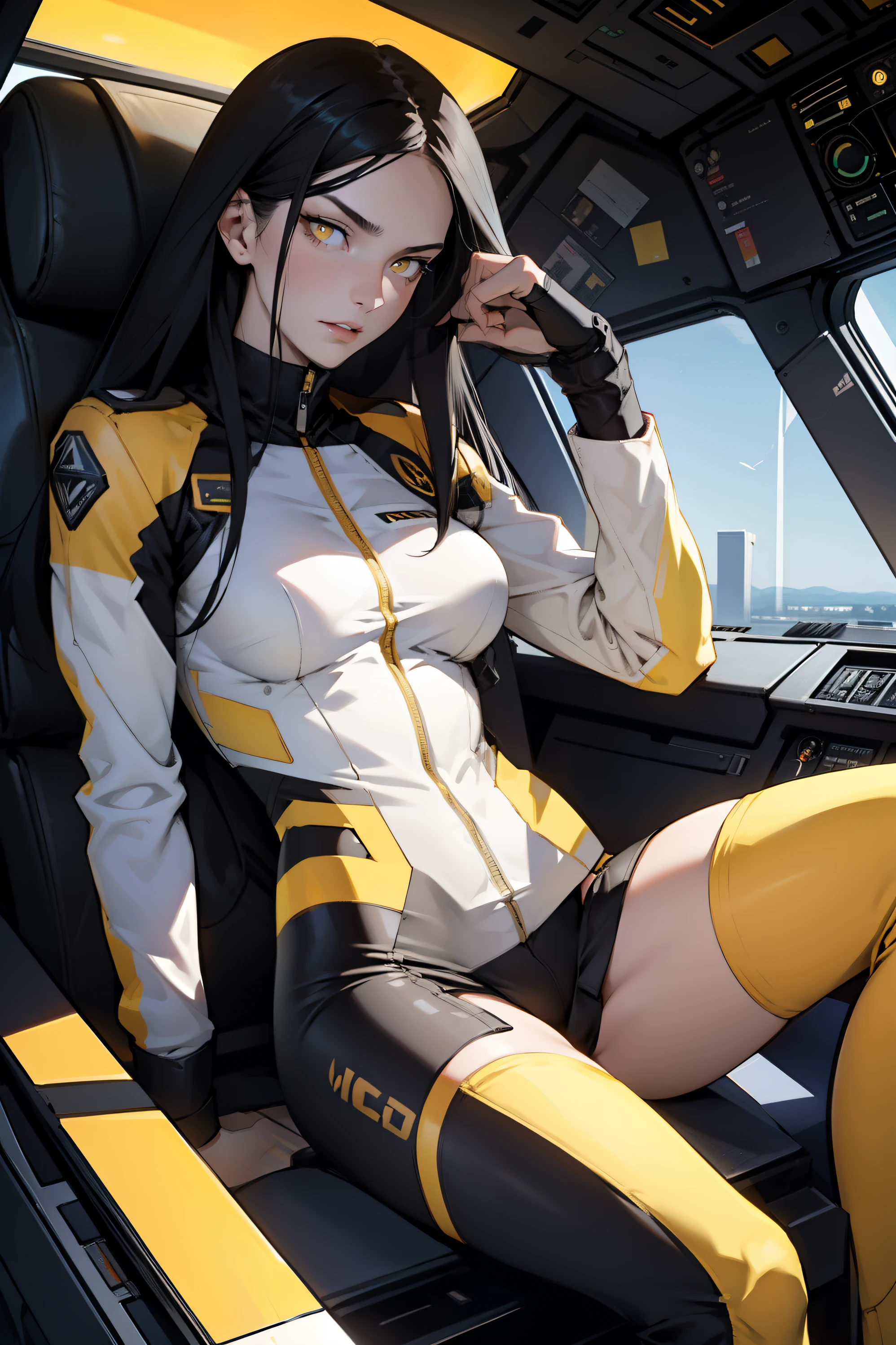 1 girl, black hair, yellow eyes, very long hair, pale skin, fit body, slender body, slim waist, large breasts, (confident expression), pilot suit, thigh gap, bare thighs, show bare legs, sitting in a cockpit