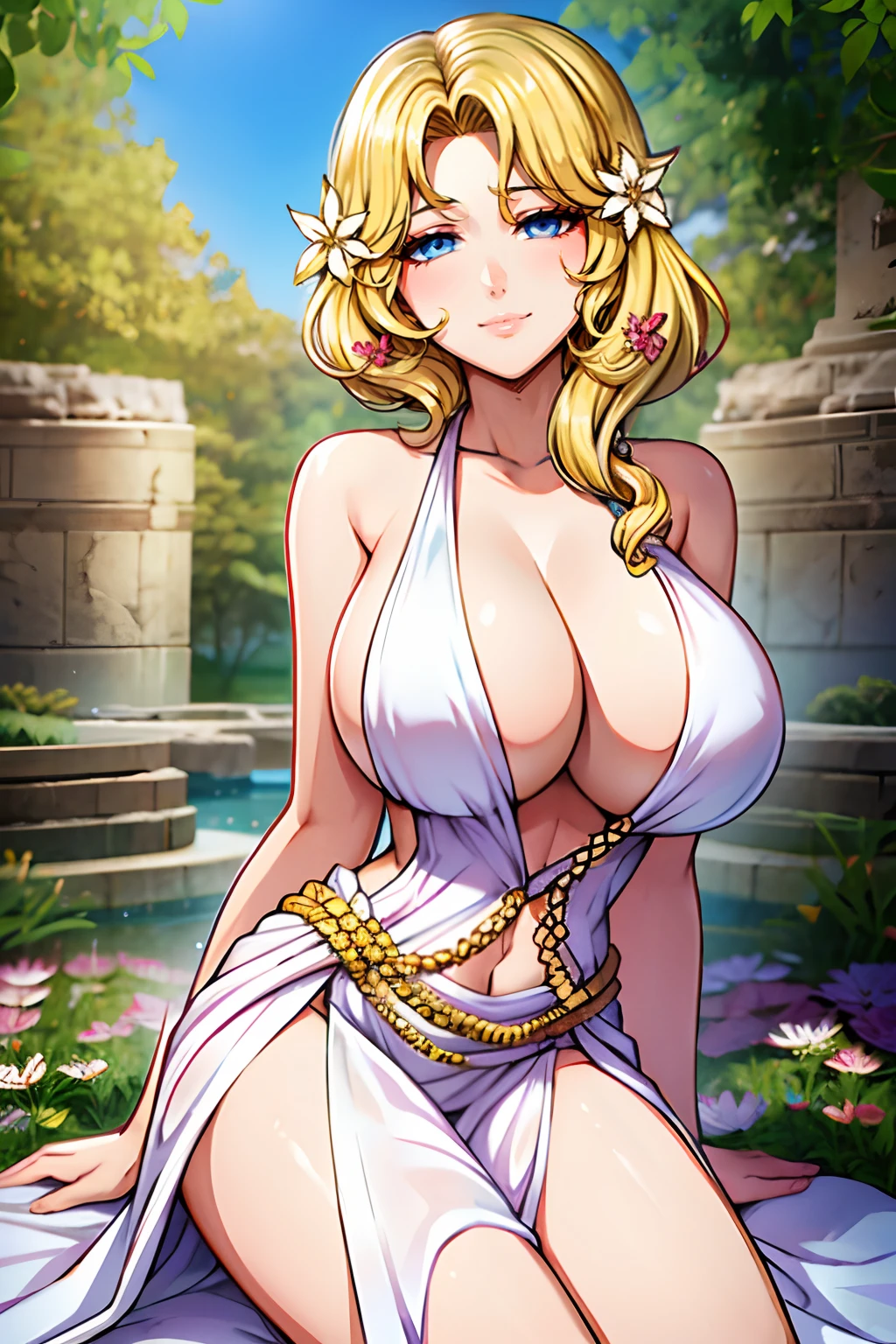 cute smile, big breasts, Blonde hair, aphrodite, vestido blanco