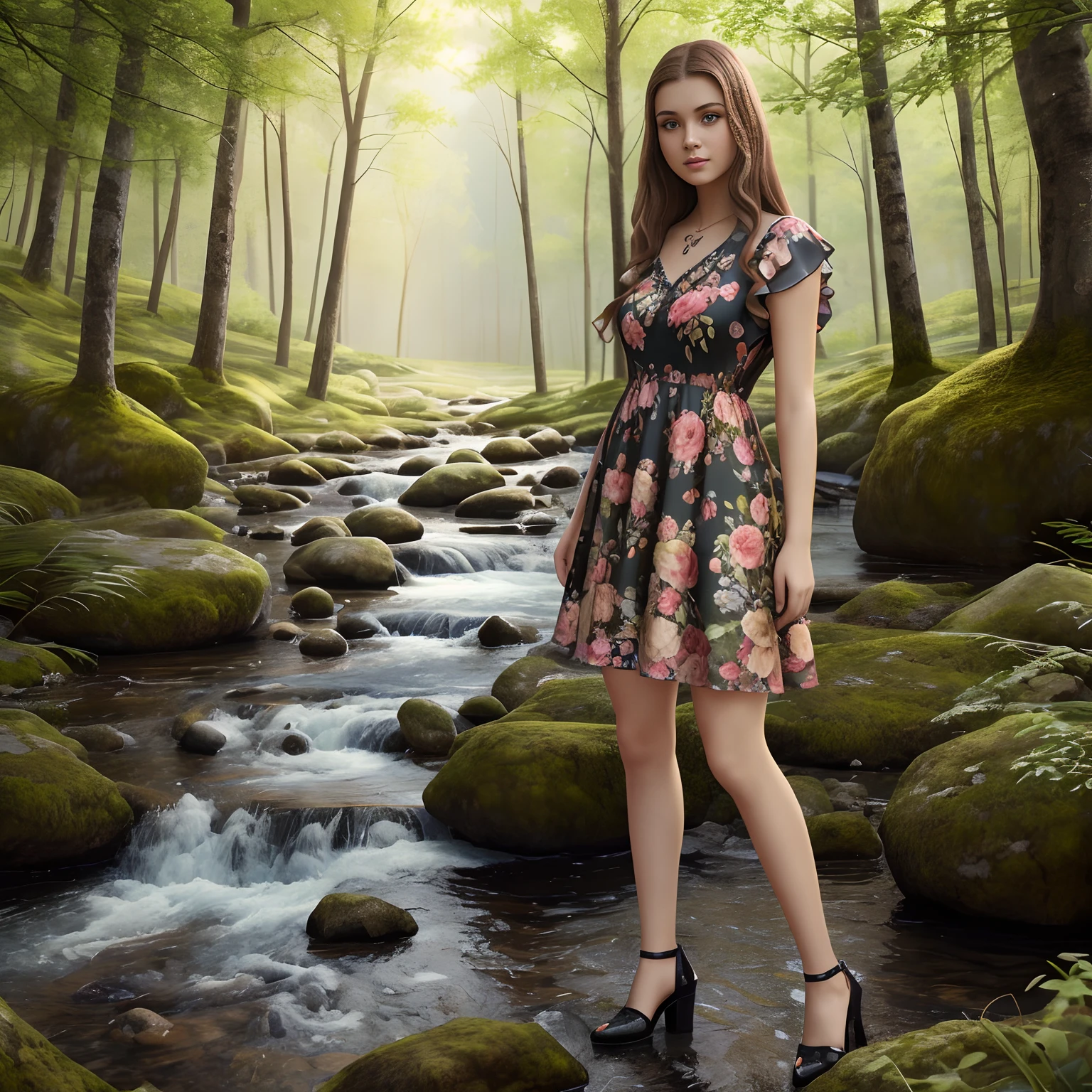 a full body portrait of a Russian girl in a colorful floral dress, forest scene, stream, mountain, photorealistic, realistic, 8K, UHD, intricate details, detailed face,