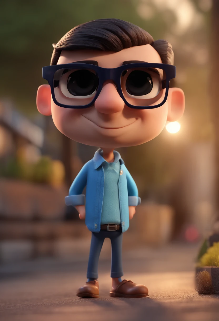 Cartoon character of a man with black glasses and a blue shirt, animation character, Caractere estilizado, animation style rendering, 3D estilizado, Arnold Maya render, 3 d render stylized, toon render keyshot, Personagem 3D, Personagem 3D, 3d rendering stylized, 3 d character render, personagem de desenho animado, Personagem de close up, Pose de personagem, (Estilo Pixar) (master part:1.2) (Bokeh) (best quality) (pele detalhada) (textura detalhada) (8k) (argila) (Cinematic lighting) (foco nítido