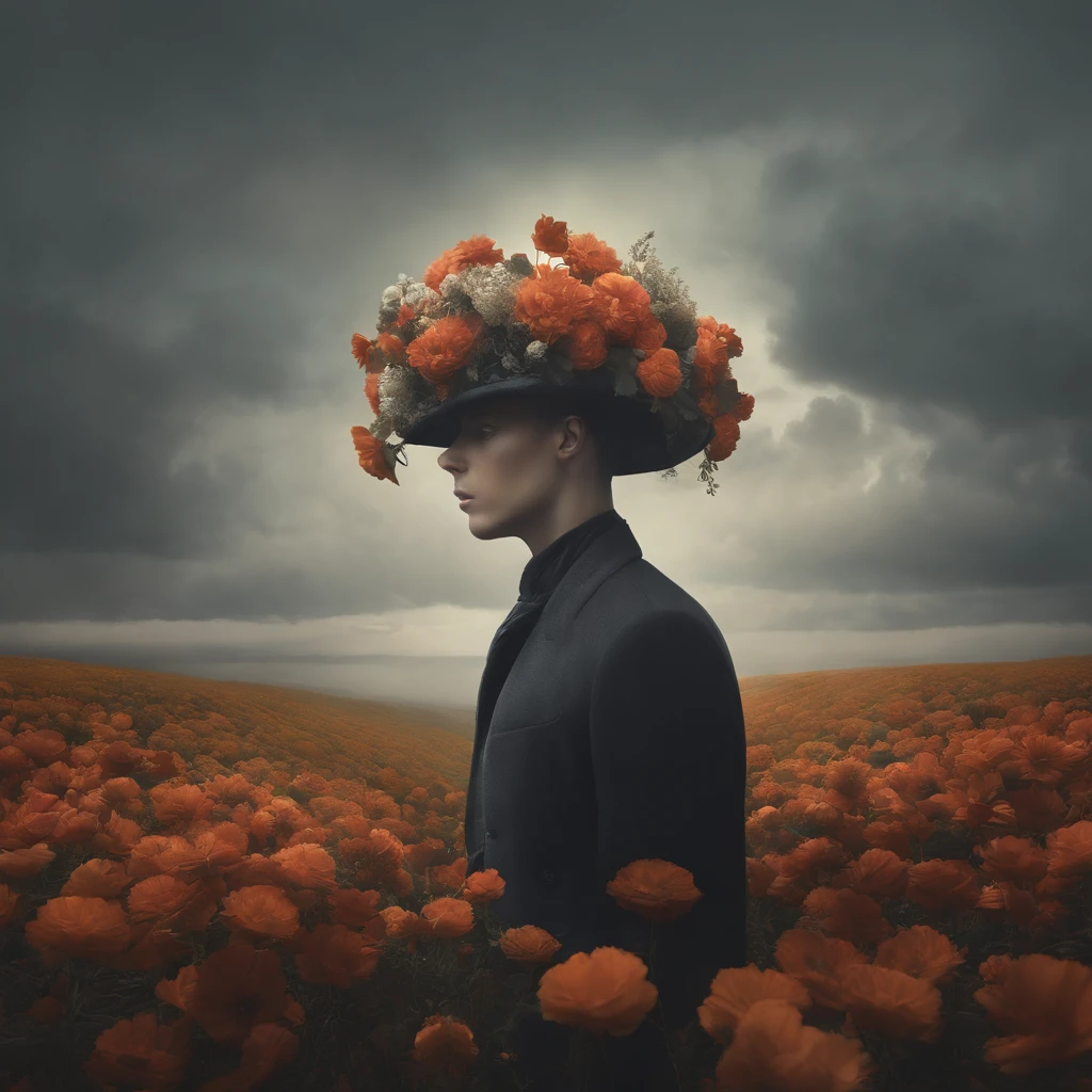 A color photograph,A boy's head is covered with beautiful flowers, inspired by Darek Zabrocki, Yuri Shwedoff e Tom Bagshaw, Beautiful surreal portrait, inspired by Igor Morski, Hg Giger Flora Borsi, 4D rendering of digital art, Sylvain Saller e Igor Morsky