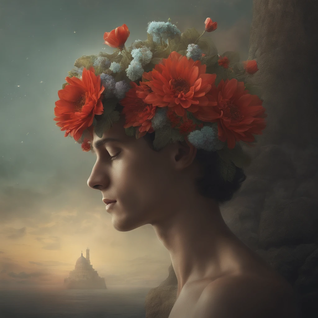 A color photograph,A boy's head is covered with beautiful flowers, inspired by Darek Zabrocki, Yuri Shwedoff e Tom Bagshaw, Beautiful surreal portrait, inspired by Igor Morski, Hg Giger Flora Borsi, 4D rendering of digital art, Sylvain Saller e Igor Morsky