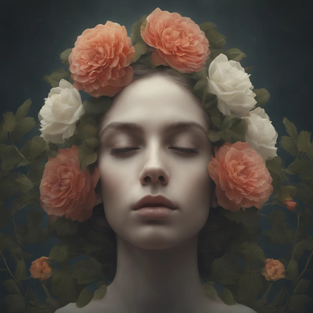 A color photograph,A boy's head is covered with beautiful flowers, inspired by Darek Zabrocki, Yuri Shwedoff e Tom Bagshaw, Beautiful surreal portrait, inspired by Igor Morski, Hg Giger Flora Borsi, 4D rendering of digital art, Sylvain Saller e Igor Morsky