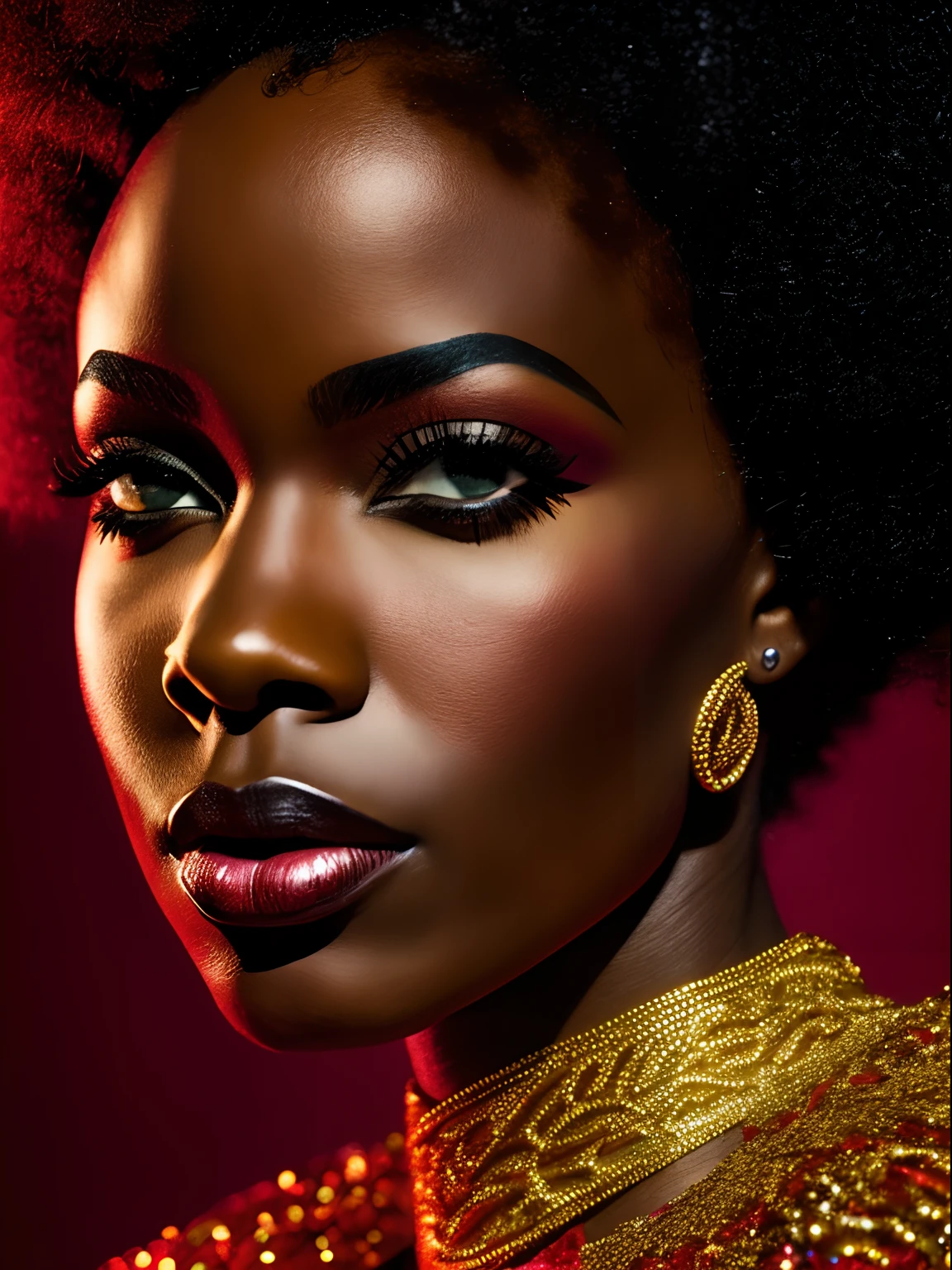 Hypnotic closeup face portrait of a beautiful afro-american woman, in the style of noir comic art avantgarde fashion, scarlet and gold, airbrush art, clean lines, pure forms, side angle
