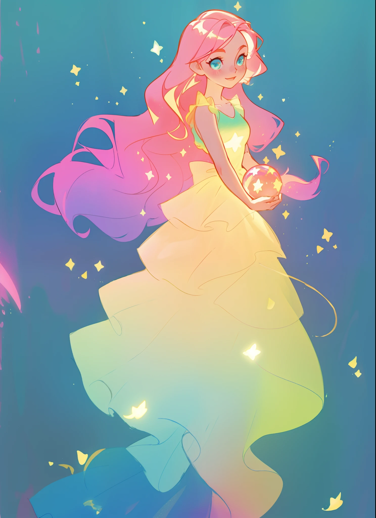 ((beautiful girl in flowing gradient layered ballgown)), flowing pink hair, ((sparkling gold aqua blue gradient dress)), ((multi-layered tiered ballgown dress)), whimsical fantasia and flowers background, vibrant pastel colors, (colorful), magical lights, magical flowers, flowers, glowing lights, red pink long wavy hair, sparkling lines of light, inspired by Glen Keane, inspired by Lois van Baarle, disney art style, by Lois van Baarle, glowing aura around her, by Glen Keane, jen bartel, glowing lights! digital painting, flowing glowing hair, glowing flowing hair, beautiful digital illustration, fantasia background, whimsical, magical, fantasy, beautiful face, ((masterpiece, best quality)), intricate details, highly detailed, sharp focus, 8k resolution, sparkling detailed eyes, liquid watercolor