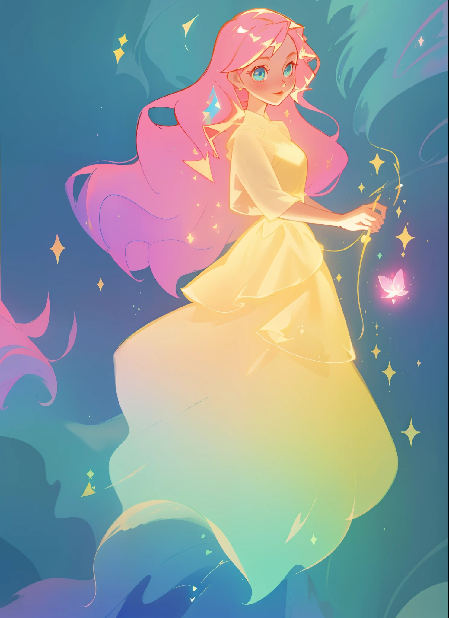 ((beautiful girl in flowing gradient layered ballgown)), flowing pink hair, ((sparkling gold aqua blue gradient dress)), ((multi-layered tiered ballgown dress)), whimsical fantasia and flowers background, vibrant pastel colors, (colorful), magical lights, magical flowers, flowers, glowing lights, red pink long wavy hair, sparkling lines of light, inspired by Glen Keane, inspired by Lois van Baarle, disney art style, by Lois van Baarle, glowing aura around her, by Glen Keane, jen bartel, glowing lights! digital painting, flowing glowing hair, glowing flowing hair, beautiful digital illustration, fantasia background, whimsical, magical, fantasy, beautiful face, ((masterpiece, best quality)), intricate details, highly detailed, sharp focus, 8k resolution, sparkling detailed eyes, liquid watercolor