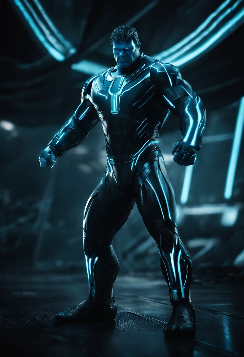 Tron Combined with Hulk, tron legacy, battle pose, crystal clear image, intricate details, close up, battle scars, black and Blue themed, simulation world,