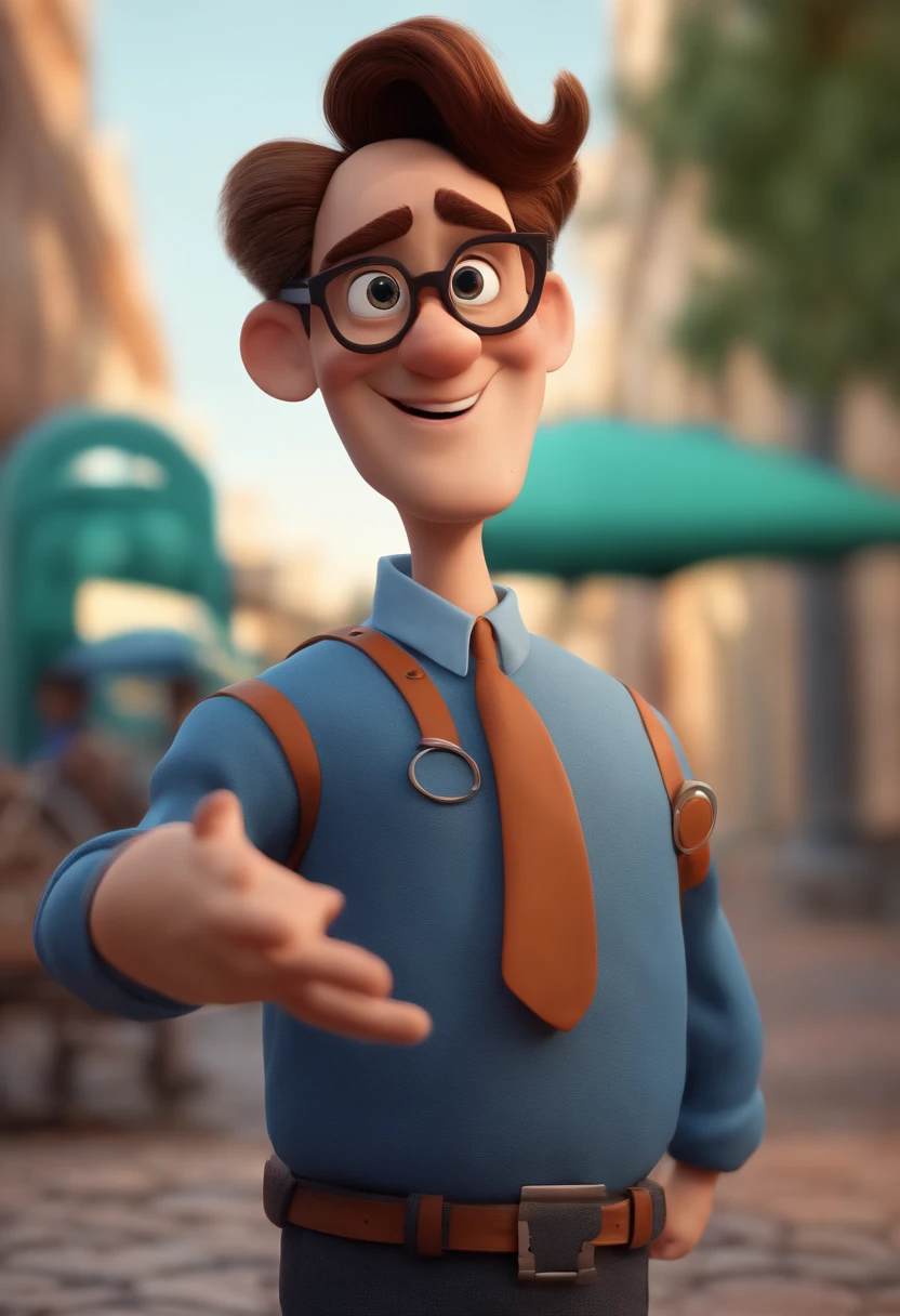Cartoon character of a man with black glasses and a blue shirt, animation character, Caractere estilizado, animation style rendering, 3D estilizado, Arnold Maya render, 3 d render stylized, toon render keyshot, Personagem 3D, Personagem 3D, 3d rendering stylized, 3 d character render, personagem de desenho animado, Personagem de close up, Pose de personagem, (Estilo Pixar) (master part:1.2) (Bokeh) (best quality) (pele detalhada) (textura detalhada) (8k) (argila) (Cinematic lighting) (foco nítido