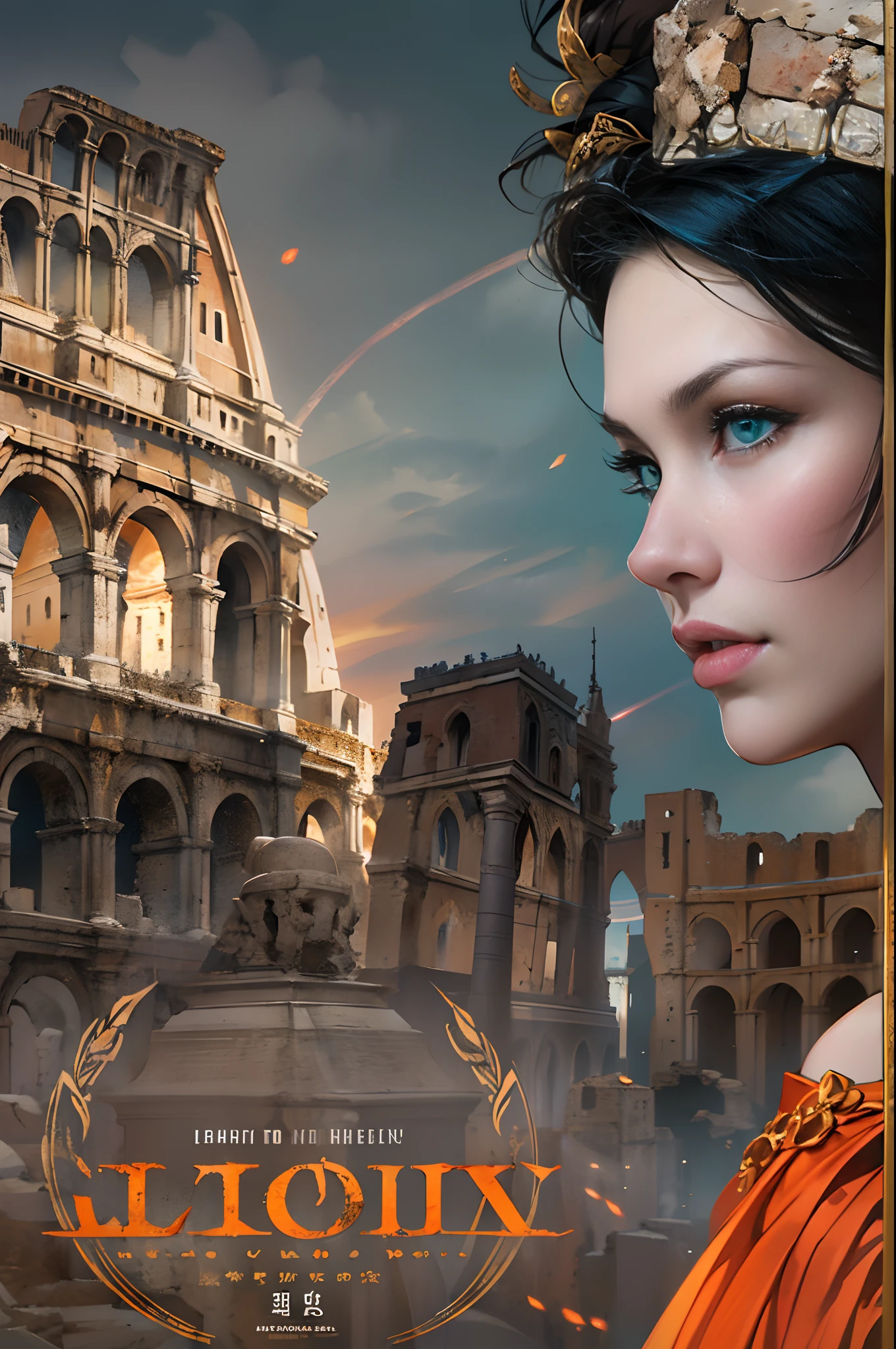 (Movie Premiere Poster 1.8), It depicts Lucia, a princess of the ancient Roman Empire,,by Danish actress Connie Nelson(Connie Nielsen)Play,She was the daughter of the ancient Roman emperor Marcus Aurelius,Commodus's sister。She lived with her son after her husband's death。Long dark brown hair,With a delicate necklace,Delicate earrings,She was 35 years old,Wear a gorgeous and sexy evening dress,Stand in the Colosseum,Be interviewed,,Photo taken in 2001,8K, High definition, Detailed face, Detailed eyes,Hyper-realistic, + cinema shot + Dynamic composition, Incredibly detailed, Sharpen, Cinematic, warm lights, Light effect, Dramaticlight, (Intricate details:1.1), the complex background, (greg rutkovsky:0.8), (Teal and orange:0.4),Correct anatomy,