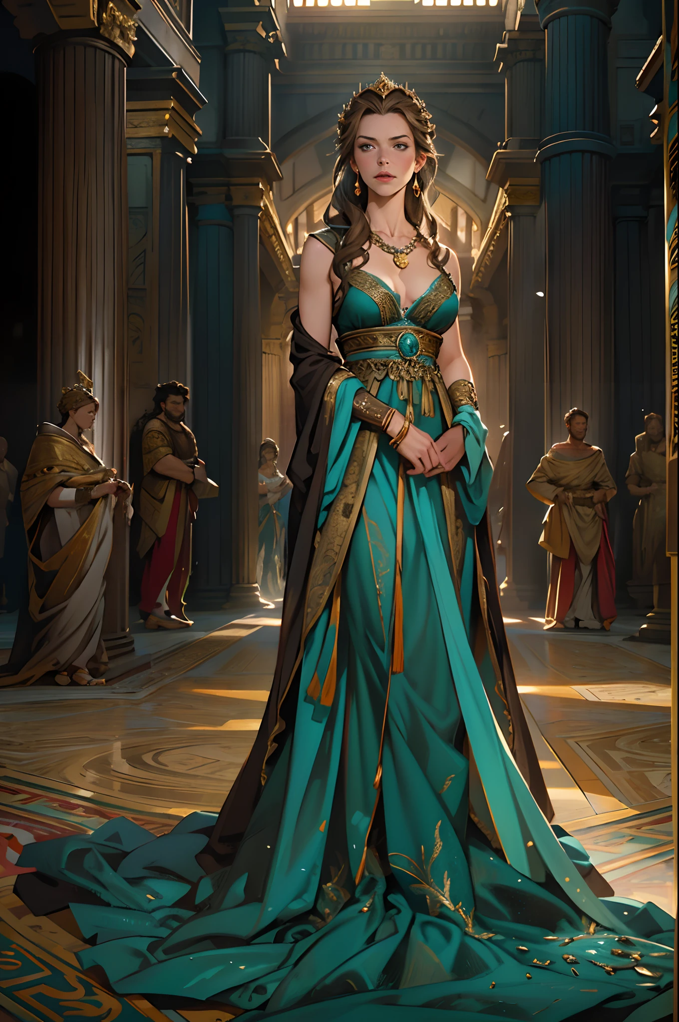(Movie Premiere Poster 1.8)， It depicts Lucia, a princess of the ancient Roman Empire，，by Danish actress Connie Nelson（Connie Nielsen）Play，She was the daughter of the ancient Roman emperor Marcus Aurelius，Commodus's sister。She lived with her son after her husband's death。Long dark brown hair，With a delicate necklace，Delicate earrings，She was 35 years old，Wear a gorgeous and sexy evening dress，Stand in the Colosseum，Be interviewed，，Photo taken in 2001，8K, High definition, Detailed face, Detailed eyes，Hyper-realistic, + cinema shot + Dynamic composition, Incredibly detailed, Sharpen, Cinematic, warm lights, Light effect, Dramaticlight, (Intricate details:1.1), the complex background, (greg rutkovsky:0.8), (Teal and orange:0.4），Correct anatomy，